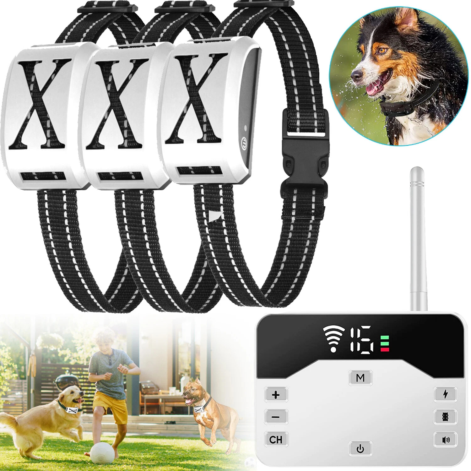 2-in-1 Wireless Hundezaundersystem mit Ferntrainingshalsband Elektrischer Zaun Einstellbarer Bereich Wasserdichter Empfänger Vibrations- und Schockmodi für 3 Hunde