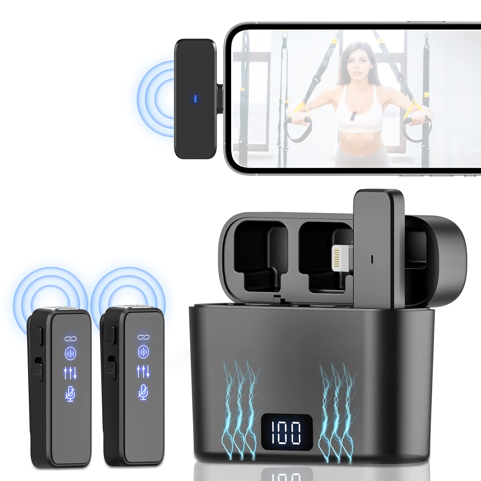 Kabelloses Lavalier-Mikrofon für iPhone, 3-stufige Geräuschreduzierung Plug and Play, Audio-Video-Aufnahme, Auto-Sync, Mini-Ansteckmikrofon, Ladebox