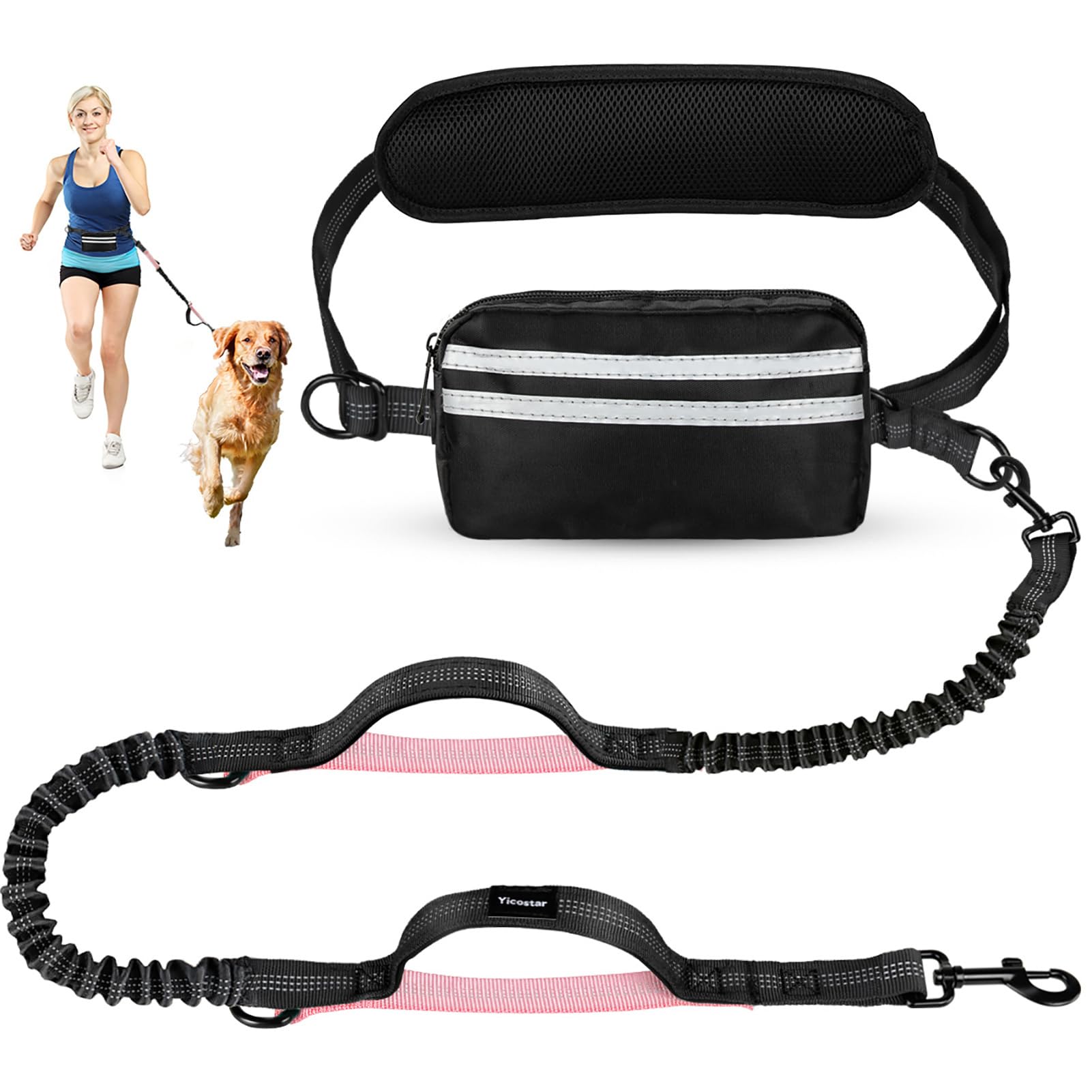 Hands Free Hundeleine, Verstellbarer Taillengurt mit Doppel-gepolsterten Griffen, Rückziehbares Bungee für Mittelgroße Große Hunde zum Hund Spaziergang Laufen(Schwarz-Pink)