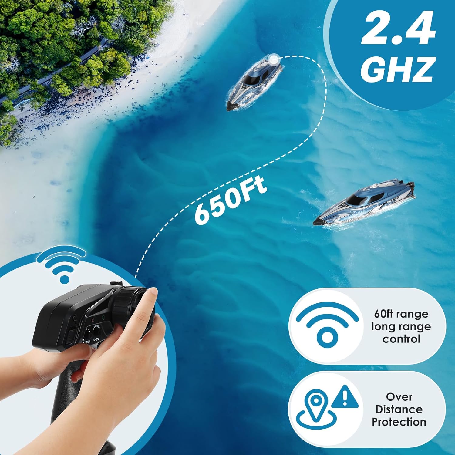 Ferngesteuerte Boote, schnelles RC-Boot mit LED-Lichtern, 2.4G RC-Elektrik-Schnellboote Pool- und Seen-Spielzeug für Kinder, Blau