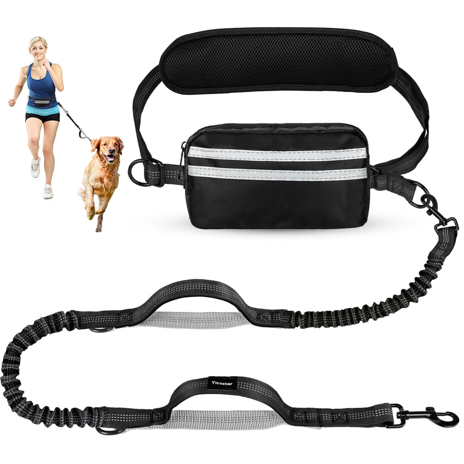 Hands Free Dog Leash, Einstellbarer Taillengürtel mit doppelten gepolsterten Griffen, einziehbares Bungee für mittelgroße bis große Hunde zum Gassigehen und Laufen (Black-Silver)