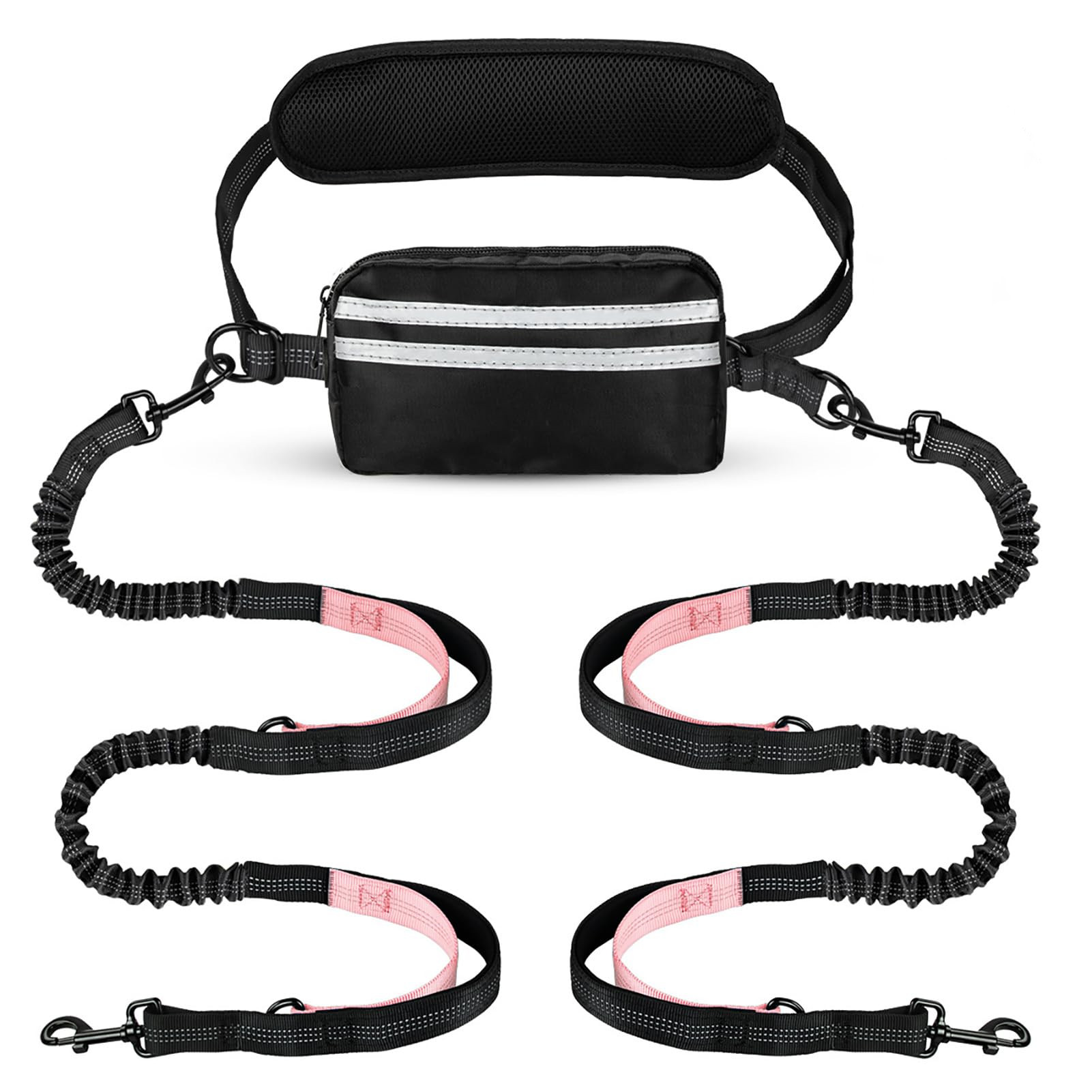 Hands Free Hundeleine mit Tasche, Doppelleine für zwei Hunde, einziehbares Bungee mit doppelt gepolsterten Griffen für Hundespaziergänge, Laufleine für Hunde (Schwarz-Pink)