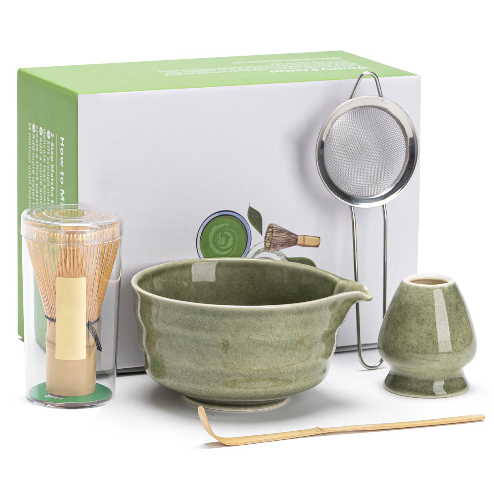 Japanese Matcha Set, Matcha Schüssel mit Ausguss, Matcha Besen und Halter, Bambus Matcha Löffel und Edelstahl Sieb, 5-tlg. Gradient Grün Matcha Set
