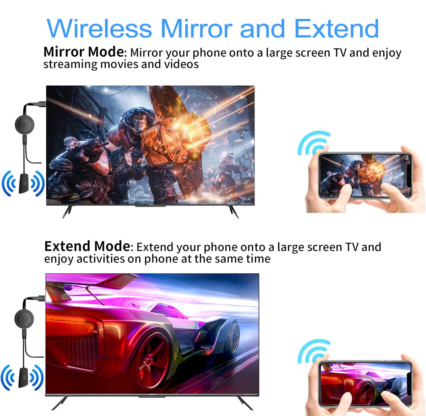 1080P 4K Wireless HDMI Streaming Adapter, Kompatibel mit Phone/Tablet/PC zu HDTV/Projektor, Filme/Shows/Live TV, Airplay/Miracast/DLNA