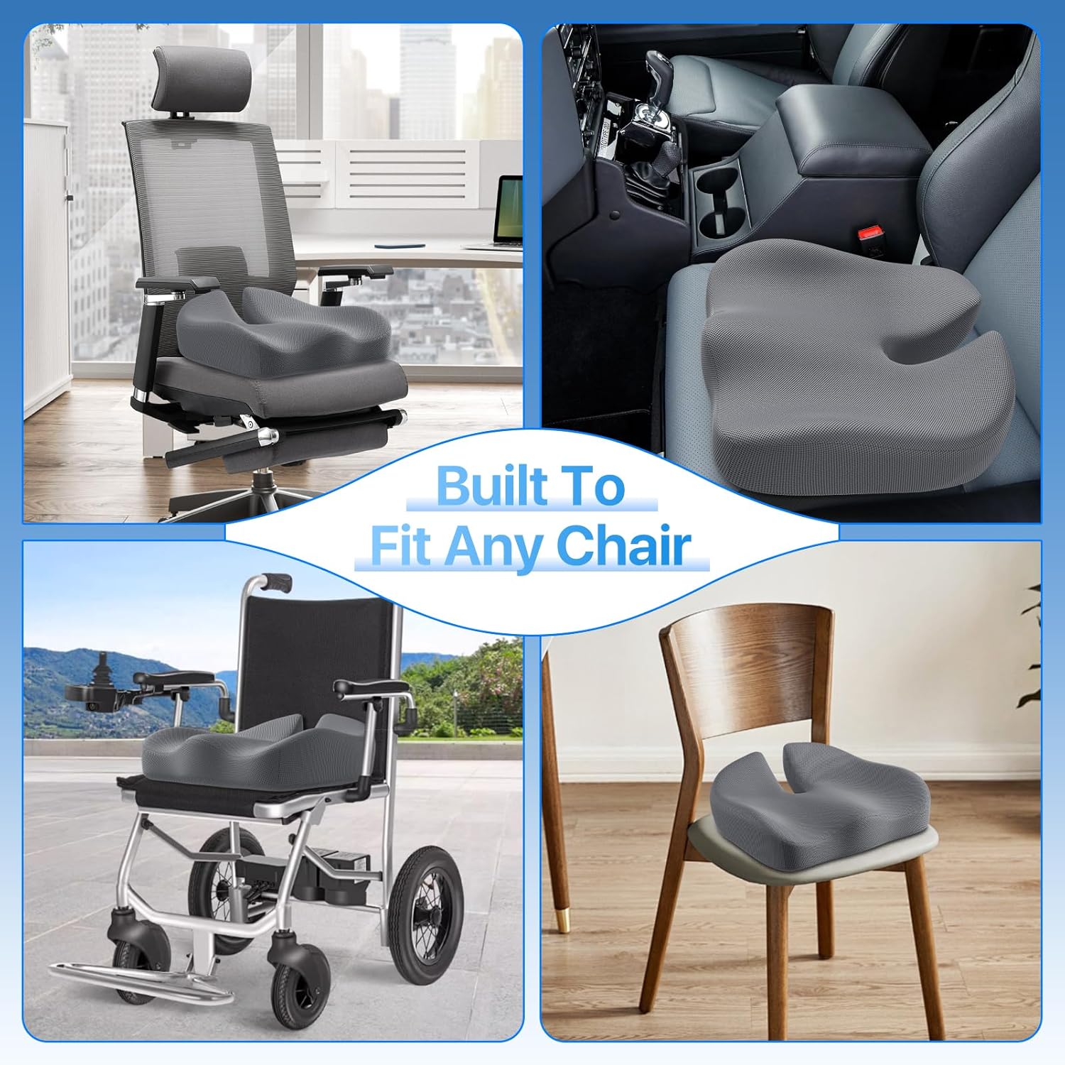 Sitzkissen, Großes Memory Foam Kissen für Bürostuhl Kissen, Ergonomische Kissen Pad Kissen zur Druckentlastung bei Ischias und langem Sitzen, Grau