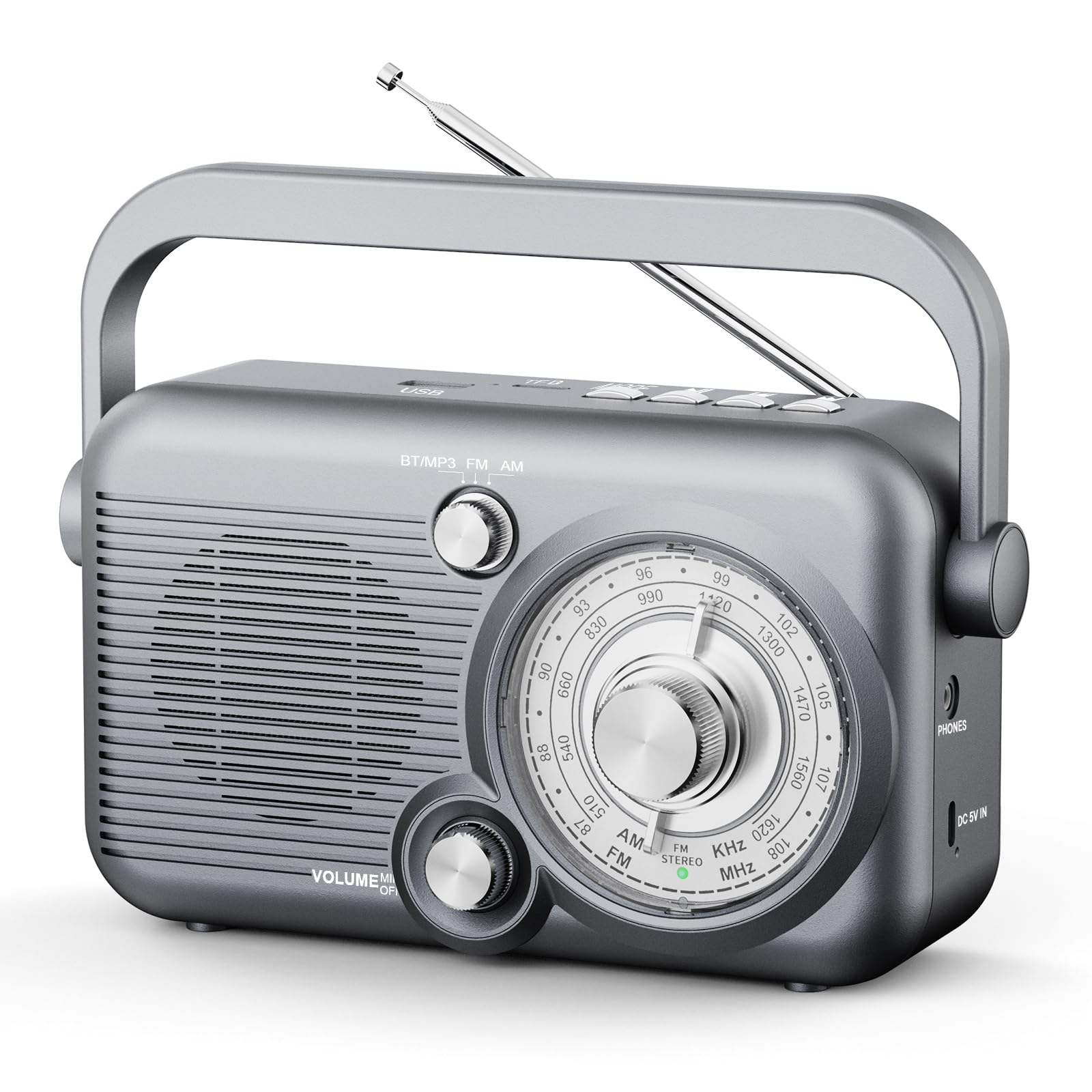 Tragbares Bluetooth AM FM Radio Vintage Kurzwelle mit wiederaufladbarem Akku USB TF-Karte für MP3, Stereo-Kopfhörerausgang