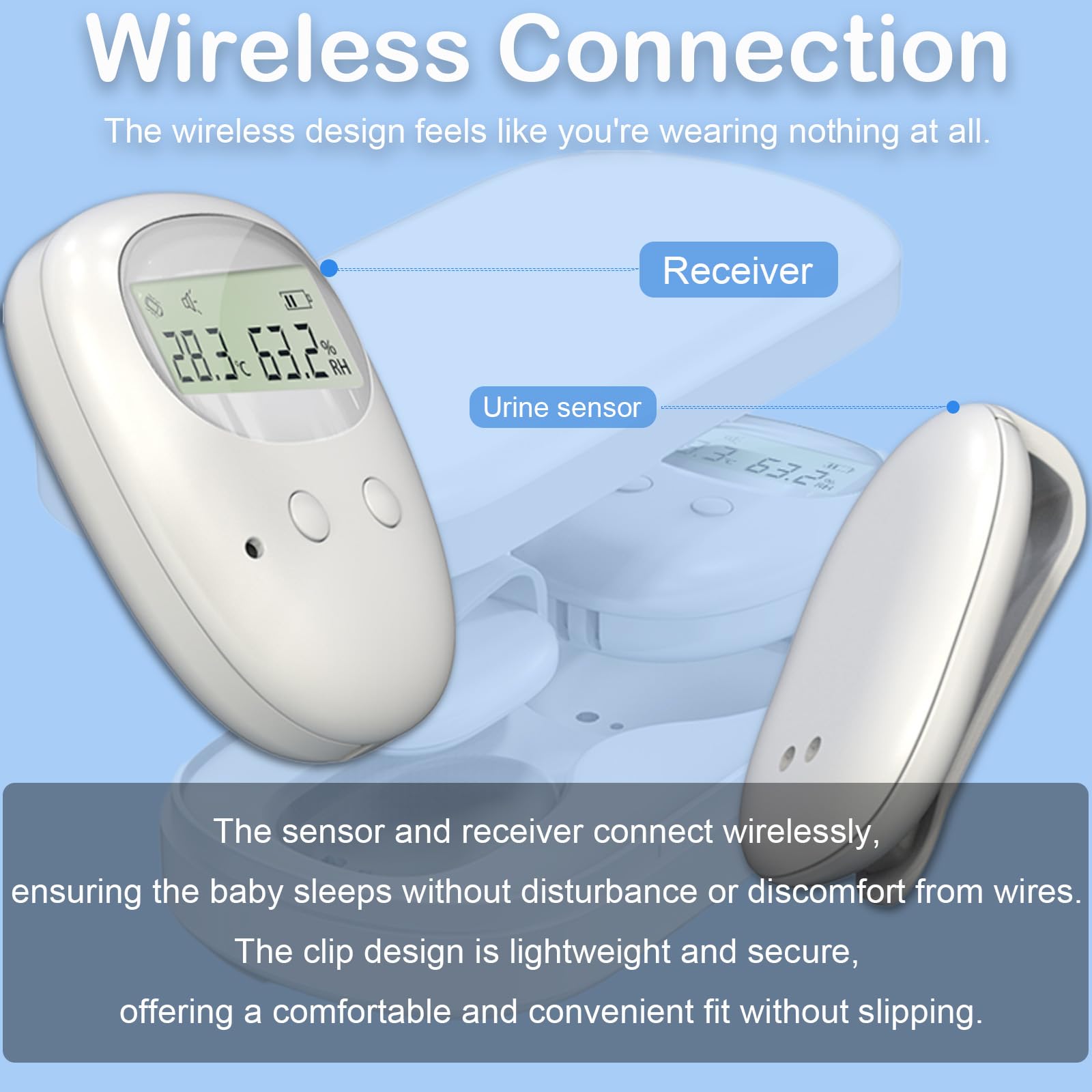 Wireless Bettnäss-Alarm, Bettnäss-Alarm für ältere Kinder, Feuchtigkeitstopf-Alarm, wiederaufladbares LCD-Display Temperatur Feuchtigkeit