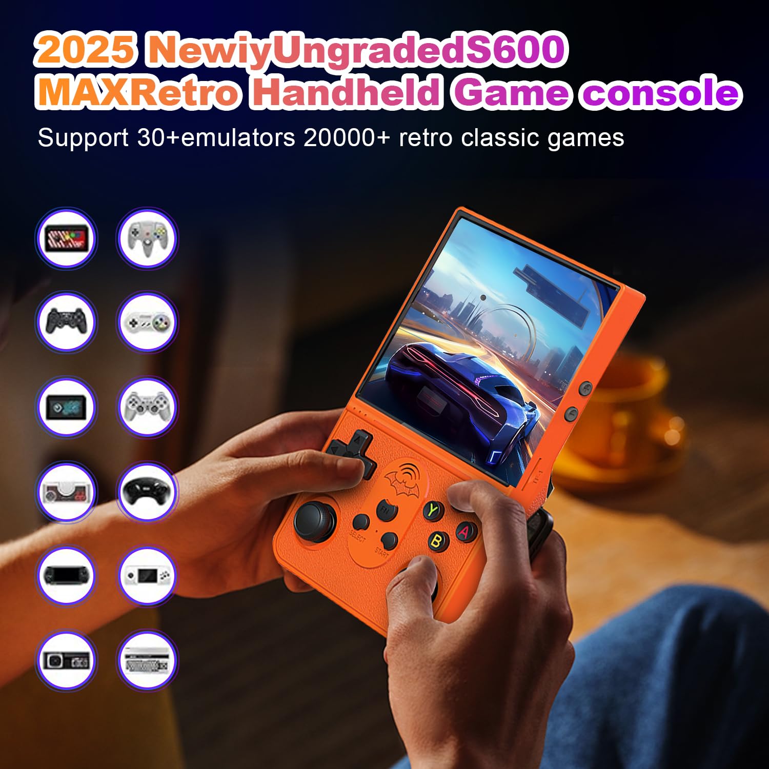 Spiel-Handheld-Konsole 4-Zoll-IPS-Bildschirm Tragbare Videokonsole 64G 18000+ Spiele 3D Dual-Joystick Hintere Tasten Orange
