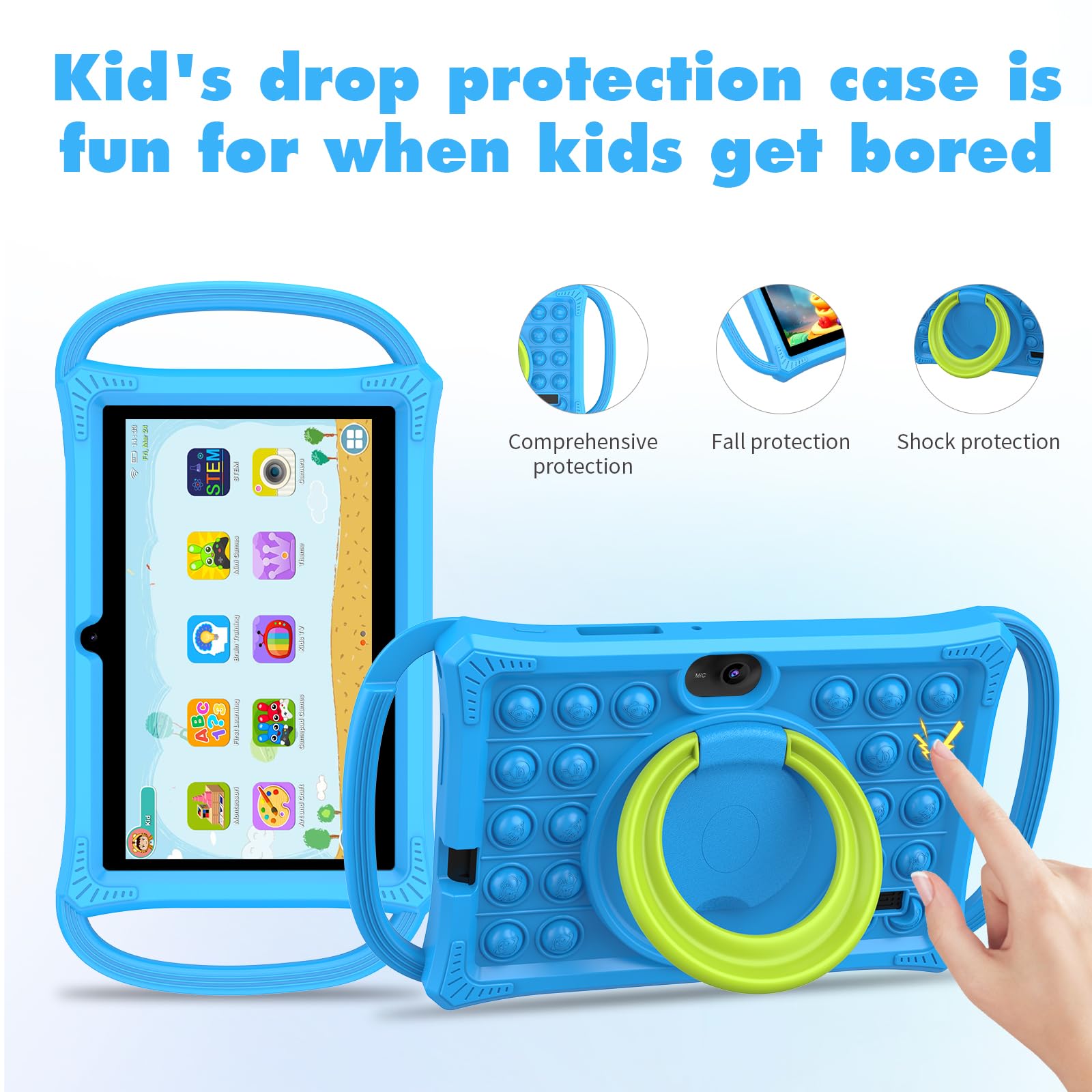 7 Zoll Tablet Android 13 mit stoßfester Hülle, 4GB(2+2) RAM 32GB ROM, Kindersicherung WiFi Dual Kamera mit Augenschutz für Jungen(Blau)