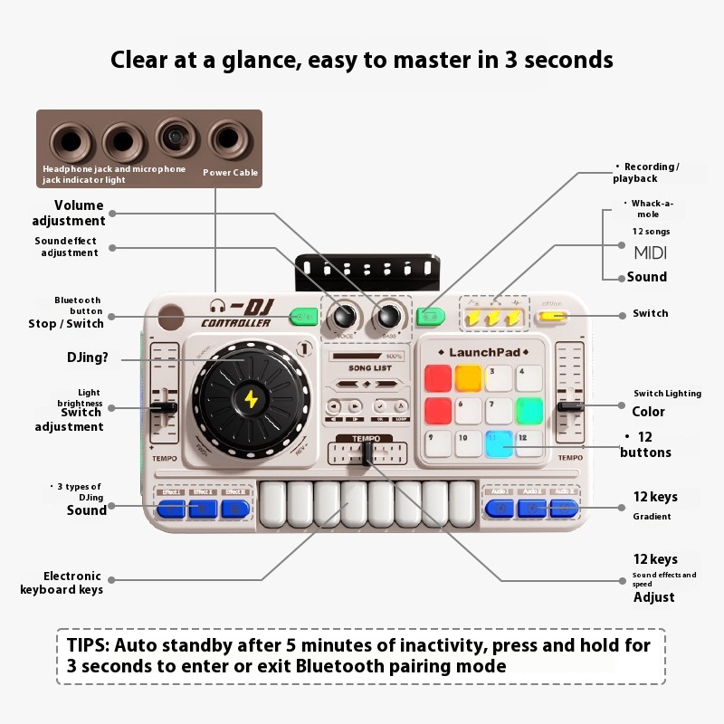 Weißer DJ-Plattenspieler Bluetooth Licht Musik Rhythmus Elektronisches Keyboard Spielzeug Musikinstrumente Geschenke für Jungen Mädchen zum Geburtstag Weihnachten Neujahr