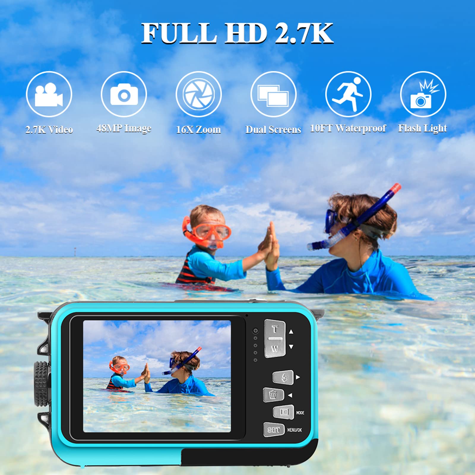 Wasserdichte Digitalkamera Unterwasserkamera Full HD 2.7K 48 MP Videoaufzeichnung Selfie Dual Screens Taschenlampe Wasserdichte Kamera zum Schnorcheln (Blau)