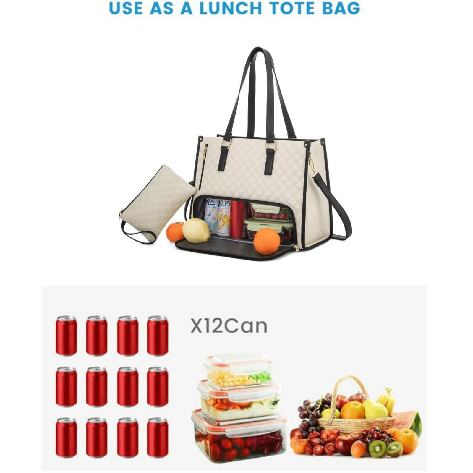 Lunch Tote Bag für Frauen, Laptop-Tasche mit isoliertem Lunch-Fach, große Kapazität Computer-Handtasche mit Geldbörse für Schule, Arbeit, Büro, Freizeit, Beige