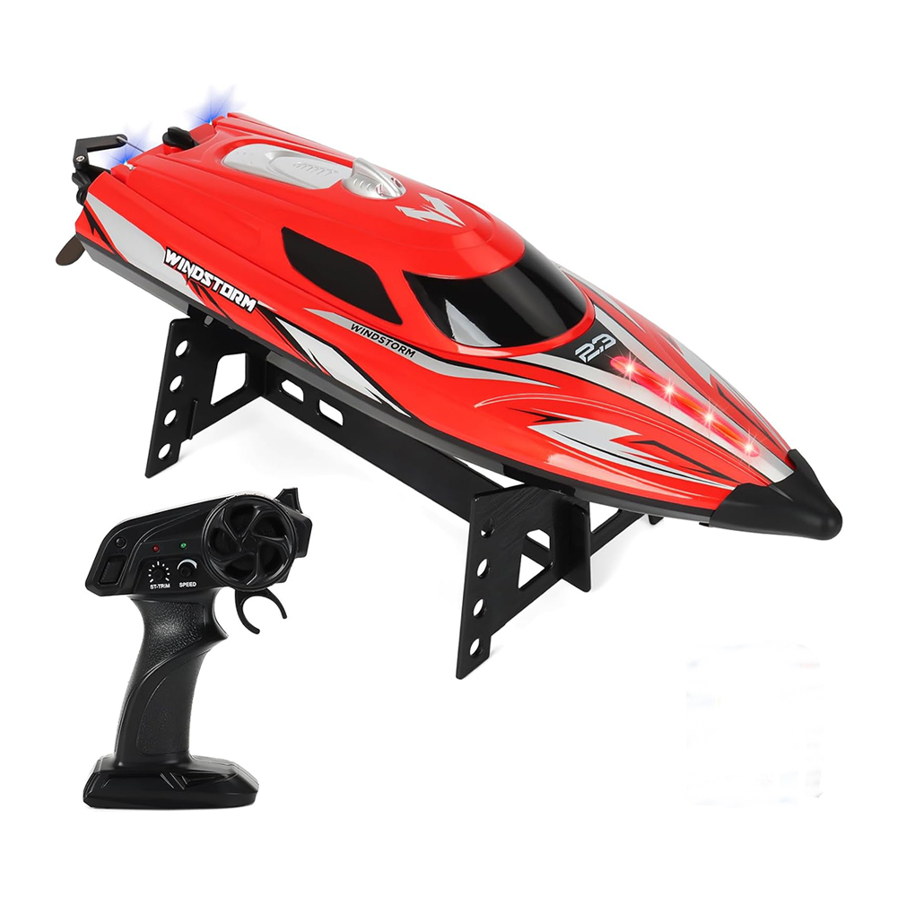 Ferngesteuerte Boote, Schnelles RC-Boot mit LED-Lichtern, 2.4G RC-Elektro-Schnellboote Pool- und See-Spielzeug für Kinder, Rot