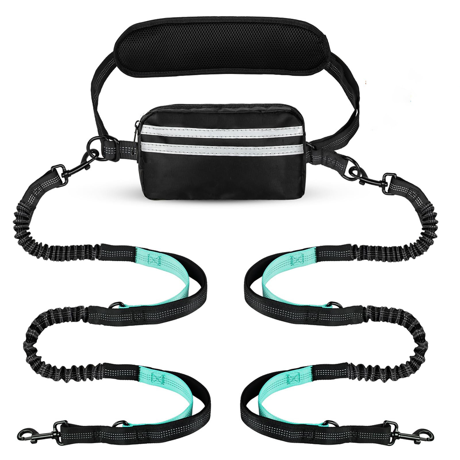 Hands Free Hundeleine mit Tasche, Doppel-Leine für zwei Hunde Retractable Bungee mit doppelt gepolsterten Griffen für Hundespaziergänge Laufleine für Hunde (Schwarz-Grün)
