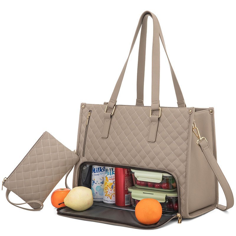 Lunch Tote Bag Für Frauen, Laptop Tasche mit Isoliertem Lunchfach, Große Kapazität Computer Handtasche mit Geldbörse Für Schule, Arbeit, Büro, Freizeit, Khaki