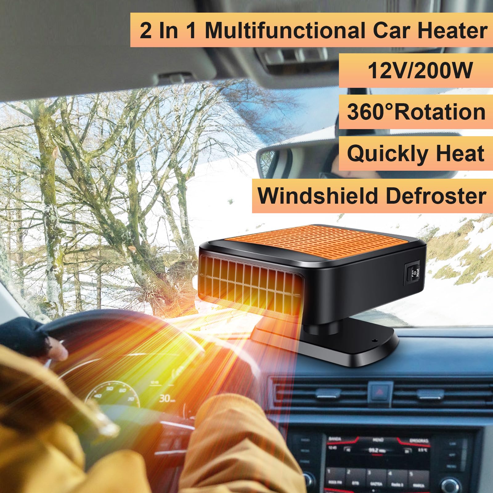 Tragbare Autoheizung, 12V 200W Schnelle Heizung Defroster 2 in 1 Auto Windschutzscheibe Schnelle Heizungen Autoheizung, die in Zigarettenanzünder gesteckt wird (Orange)