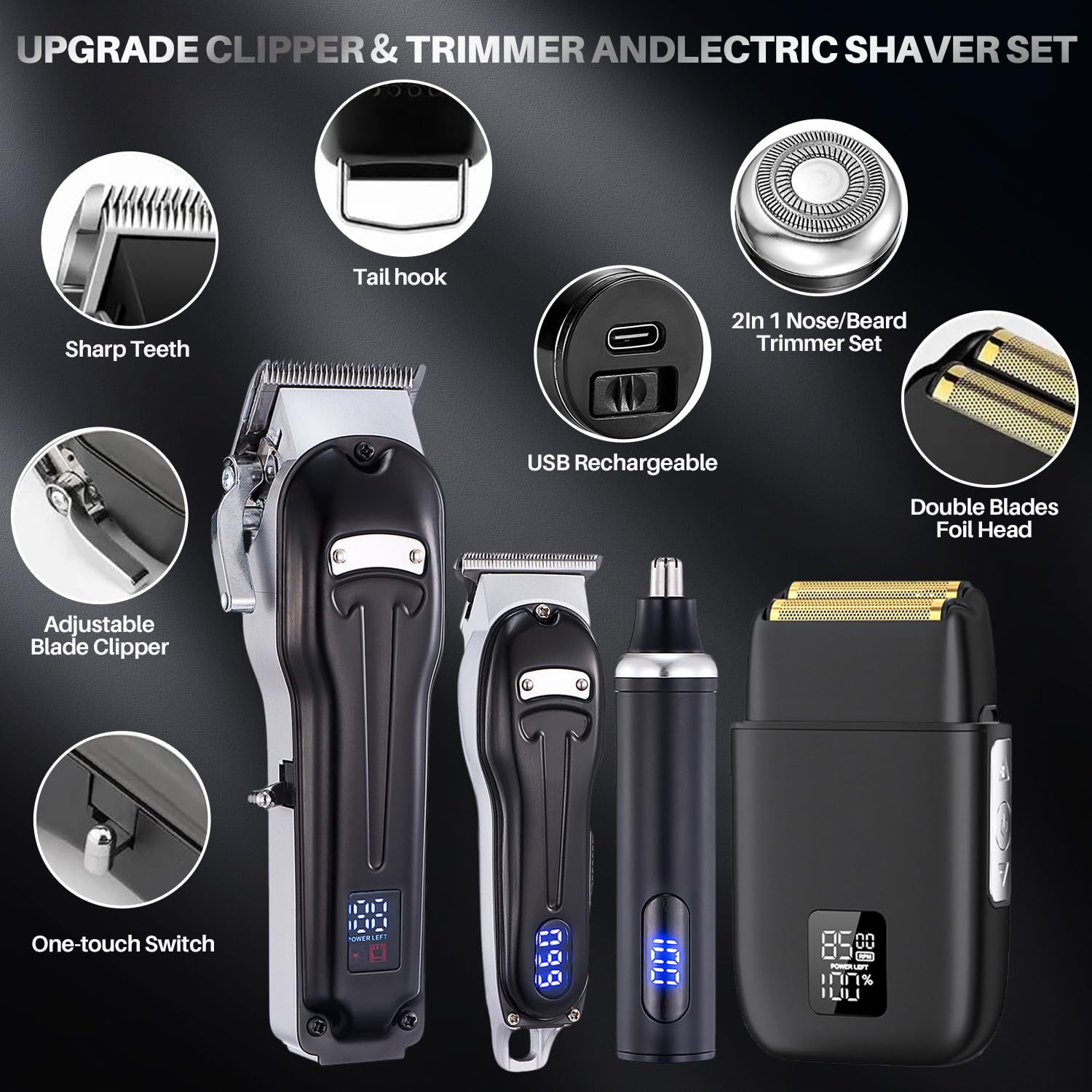 Hair Clippers für Männer Zero Gapped T-Blade Trimmer Kabelloser Nasenhaarschneider Elektrischer Folienrasierer Wiederaufladbares Haarpflege-Set mit LED-Anzeige (Schwarz)