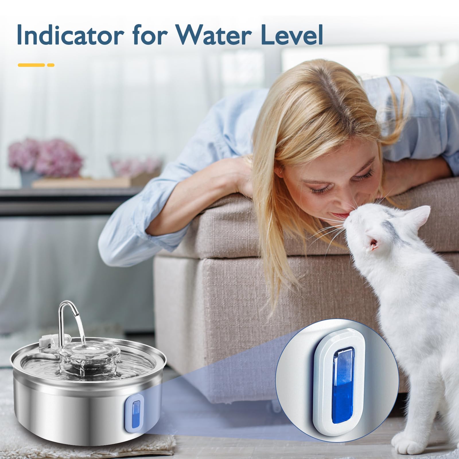 Edelstahl Katzentrinkbrunnen 3,2L mit Wasserstandsanzeige und Zwei-Stufen-Design, Katzenbrunnen mit leisem Pumpe, ideal für Katzen und Hunde