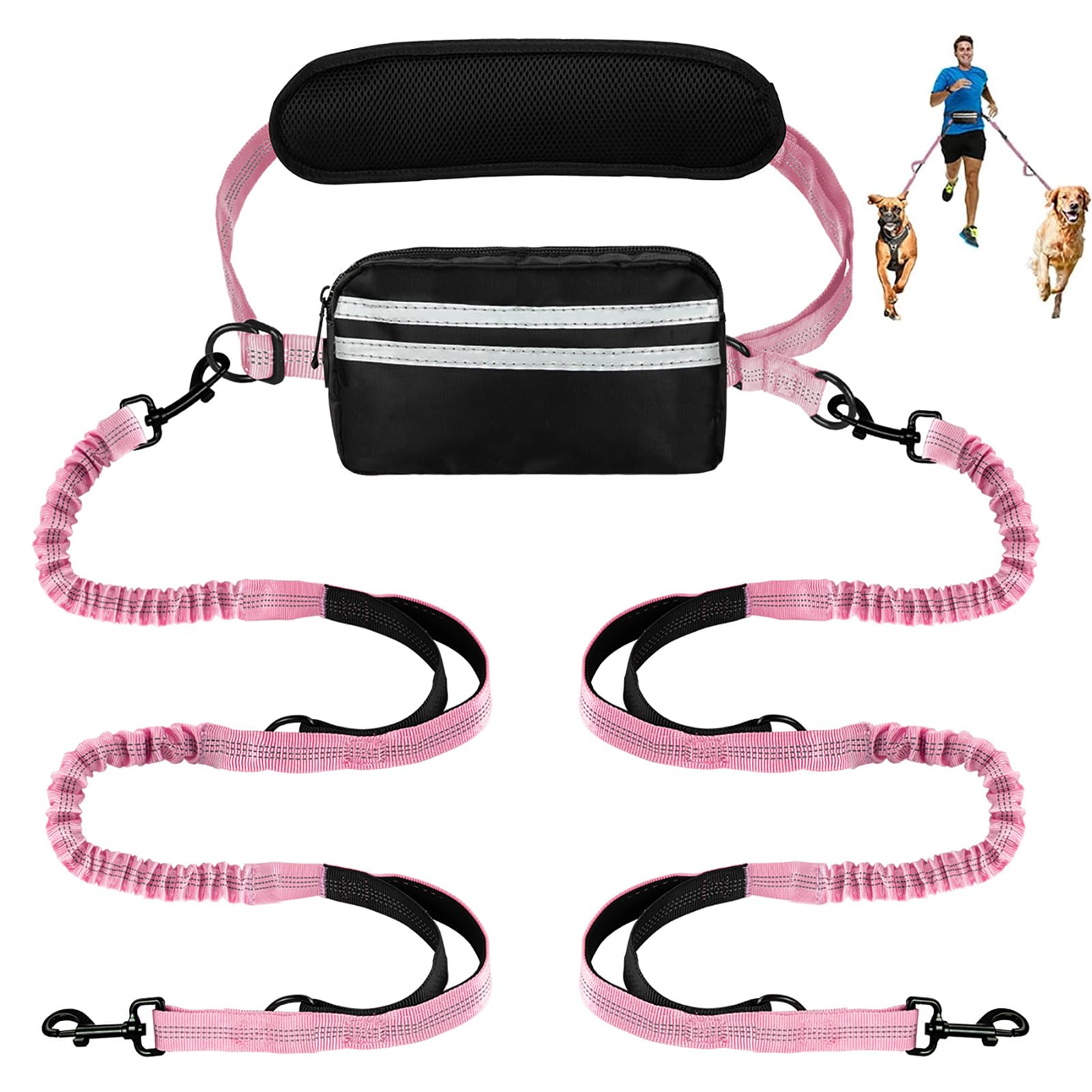 Hands Free Hundeleine mit Tasche, Doppelleine für zwei Hunde, einziehbarer Bungee mit doppelt gepolsterten Griffen zum Spazierengehen und Laufen mit Hunden, Pink