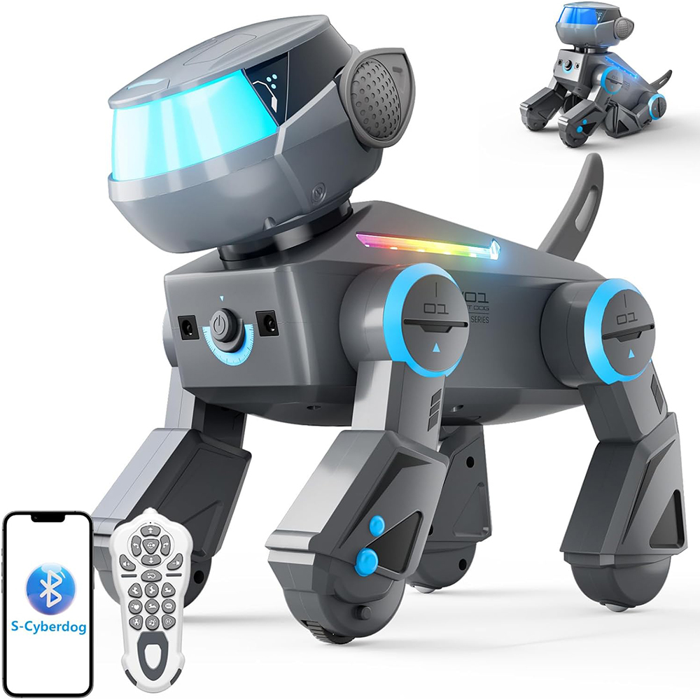 Fernbedienung Roboterhund, Programmierbarer Intelligenter Roboterhund mit Bluetooth und LED-Augen, Tanzendes Wiederaufladbares Interaktives Roboterwelpe Spielzeug für Kinder (Grau)
