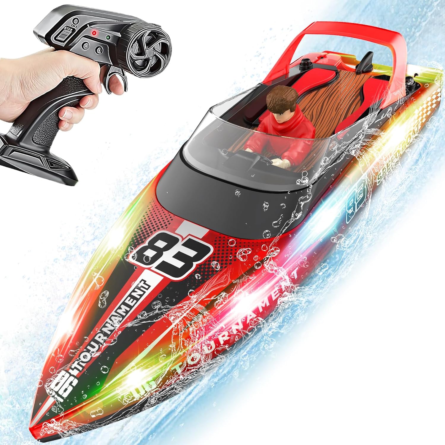 Ferngesteuertes Boot mit LED-Lichtern, 40 Minuten Spielzeit, Wasserdichtes ferngesteuertes Boot für Pools und Seen, Sommer Wasserspielzeug für Kinder (Rot)