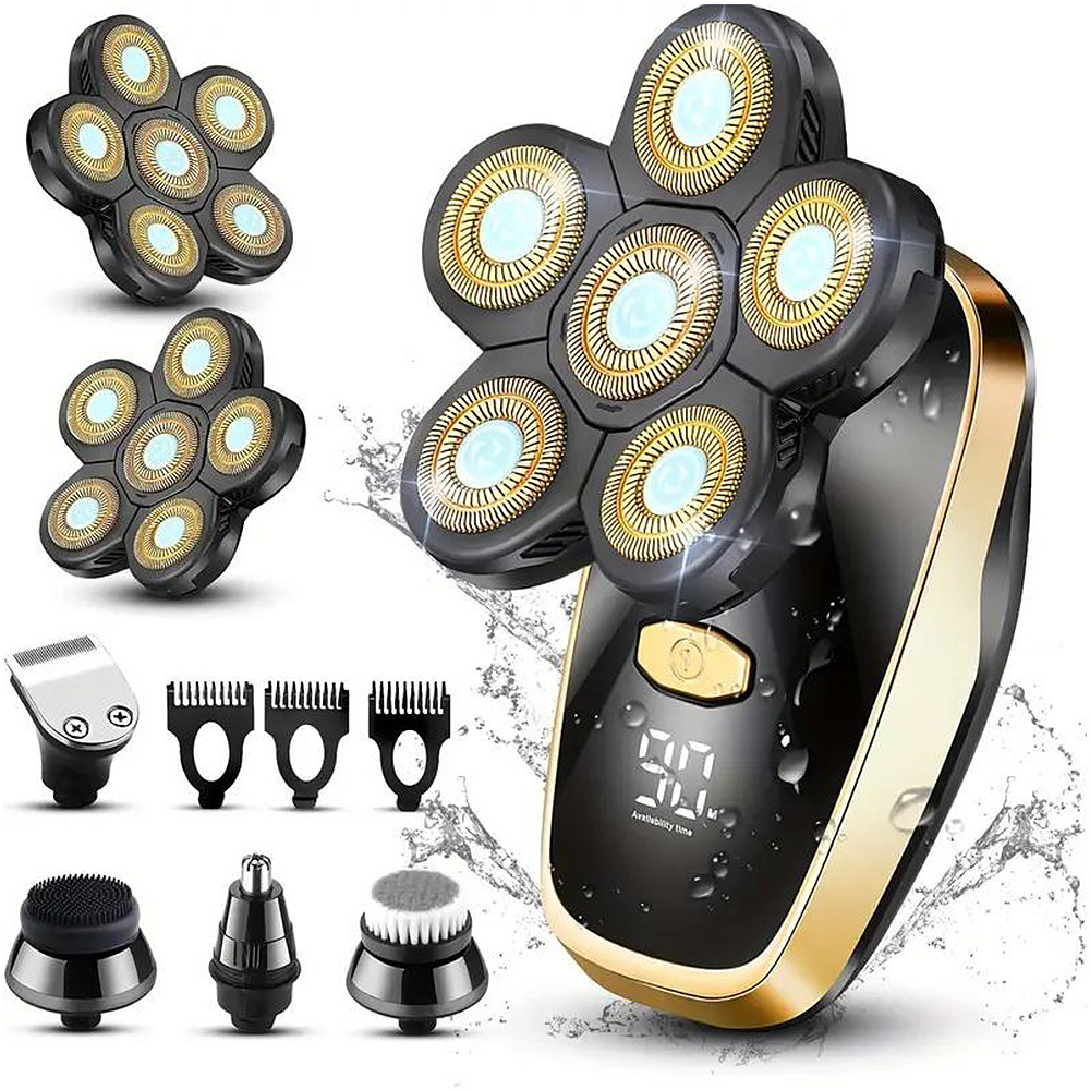 Head Shavers für Glatzköpfe Rotary Elektrischer Rasierer Kabelloser Elektrischer Rasierer Wiederaufladbarer Head Shaver, Multifunktionales Rasieren und Pflegeset (Gold)