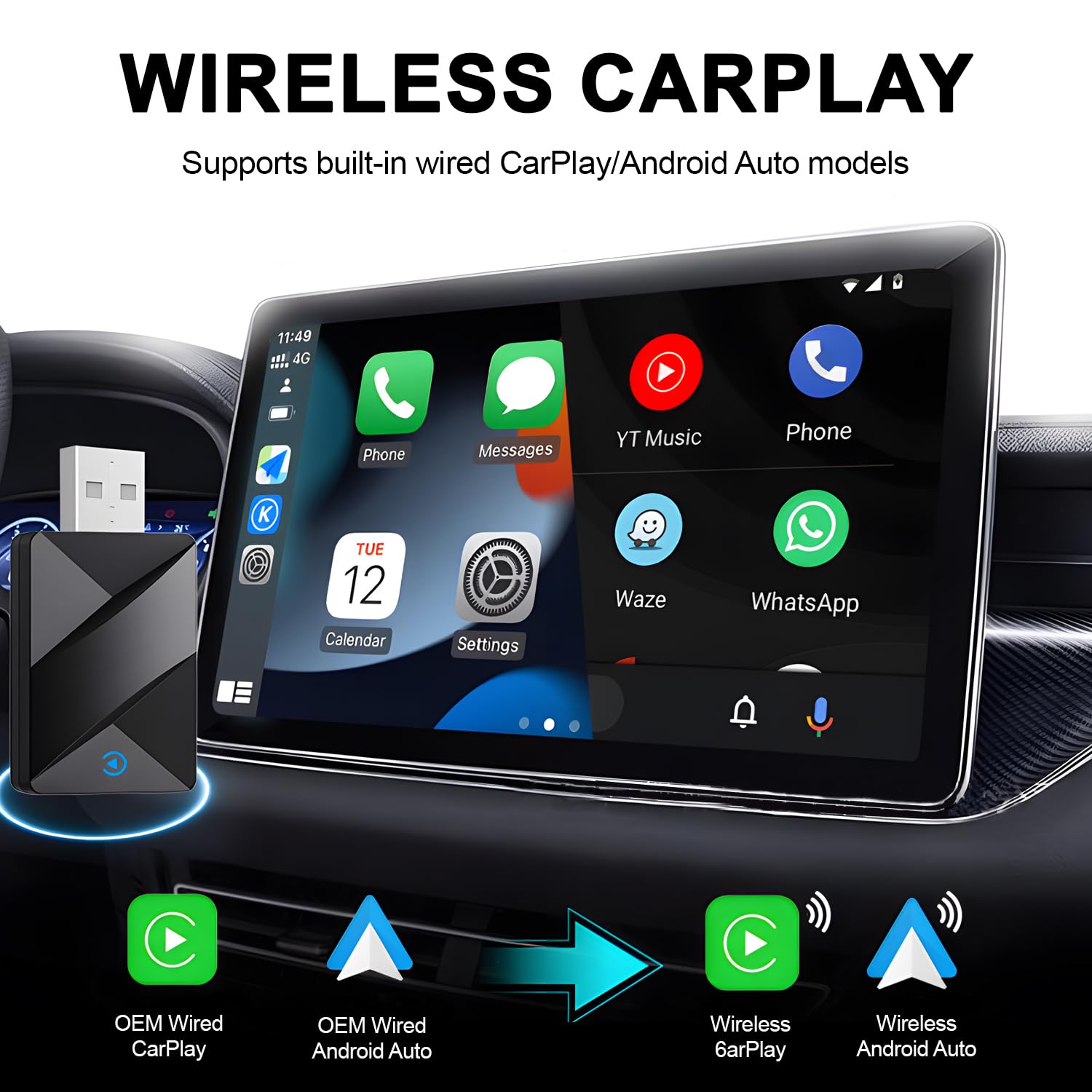 Carplay Wireless Adapter mit 2.4G+ 5GWiFi und Bluetooth 5.0, Android Car Wireless Adapter mit iPhone iOS 10+ & Autos mit Wired CarPlay
