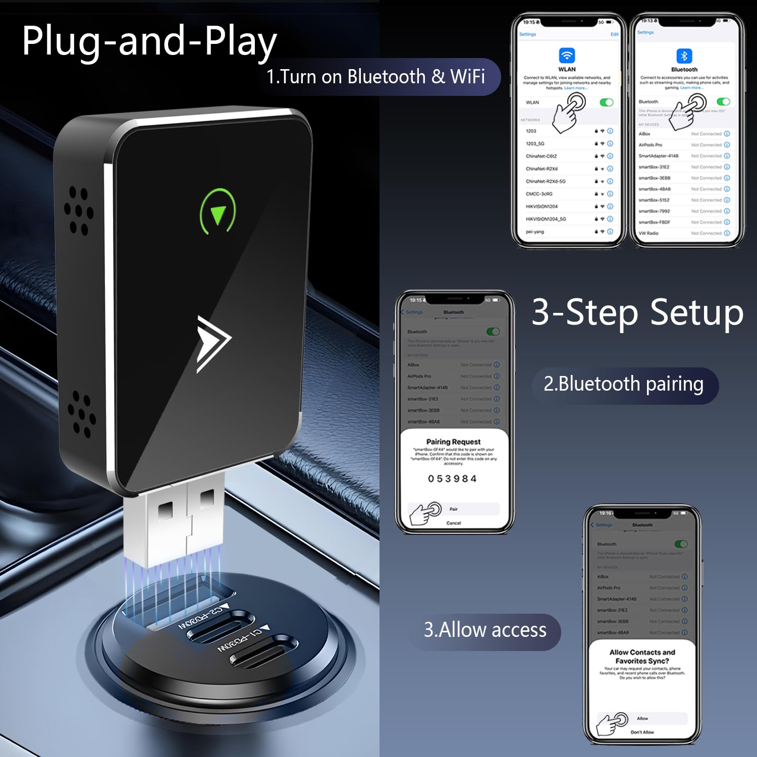 Mini Wireless Carplay & Android Auto Adapter 2 in 1, Speicherfunktion löschen, Schnelle stabile Verbindung, Keine Verzögerung, für 2016+ Autos iOS 12+ Android 11+ (Schwarz)