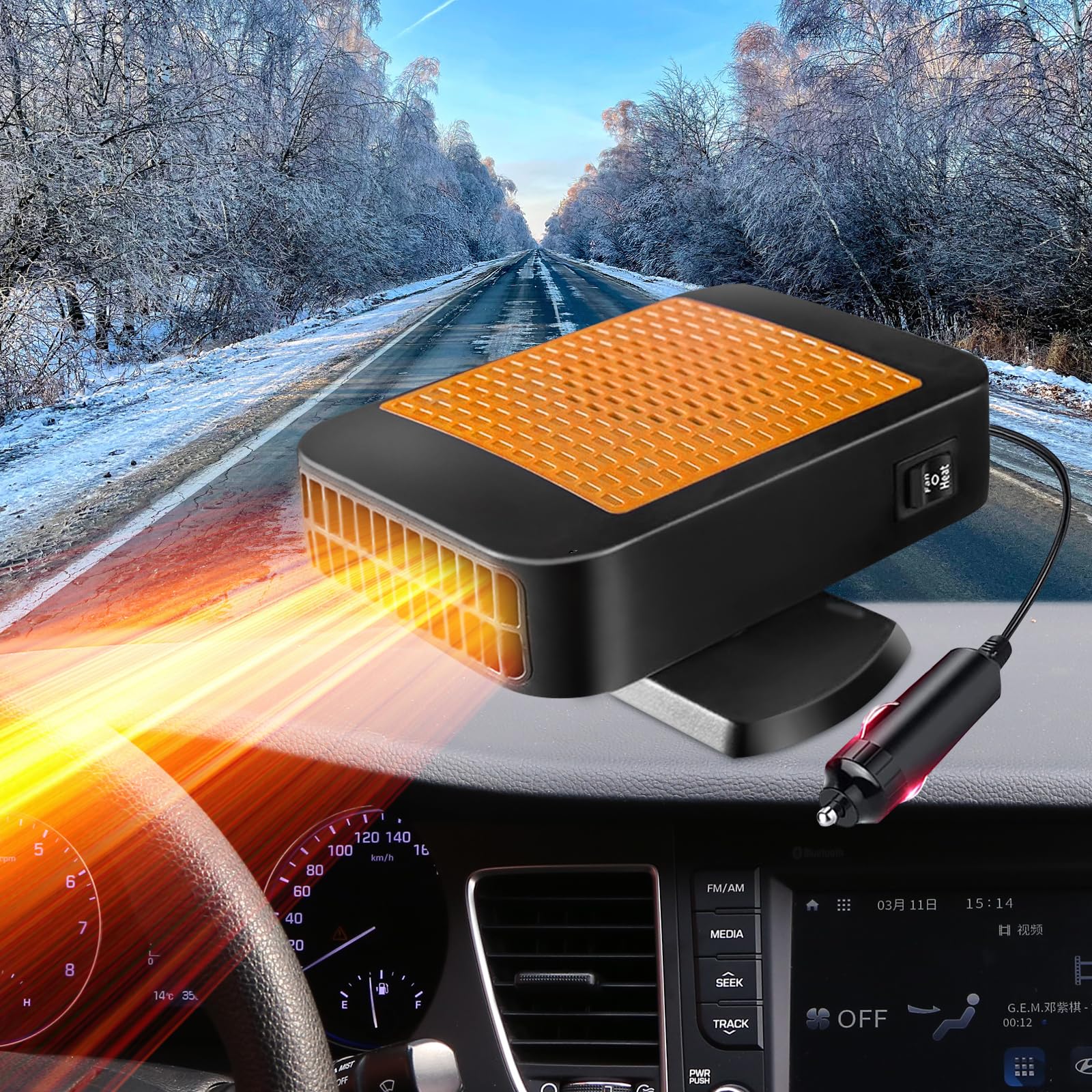 Tragbare Autoheizung, 12V 200W Schnelle Heizung Defroster 2 in 1 Auto Windschutzscheibe Schnelle Heizungen Autoheizung, die in Zigarettenanzünder gesteckt wird (Orange)