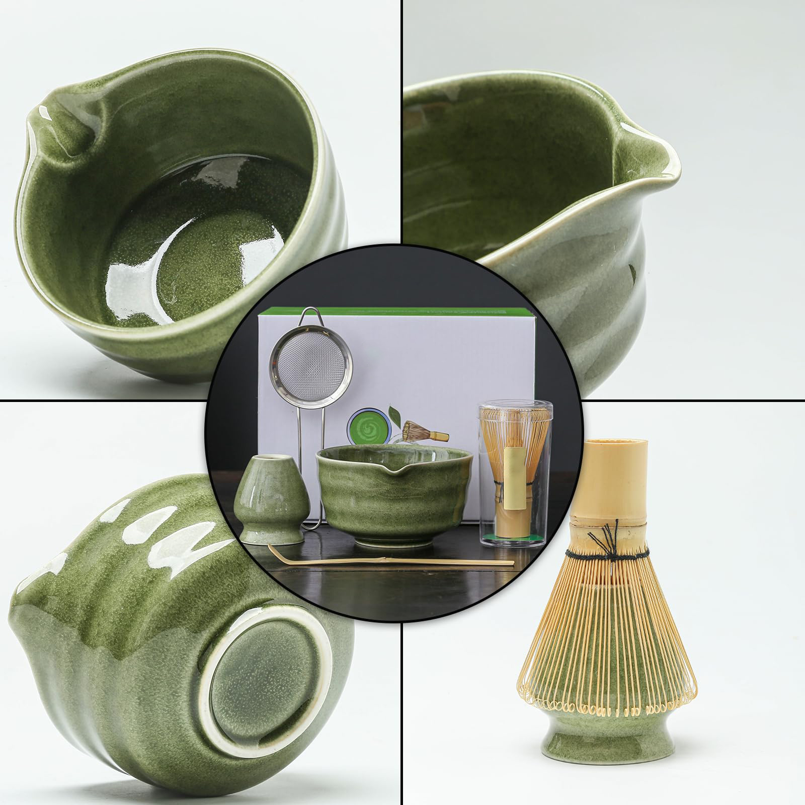 Japanese Matcha Set, Matcha Schüssel mit Ausguss, Matcha Besen und Halter, Bambus Matcha Löffel und Edelstahl Sieb, 5-tlg. Gradient Grün Matcha Set