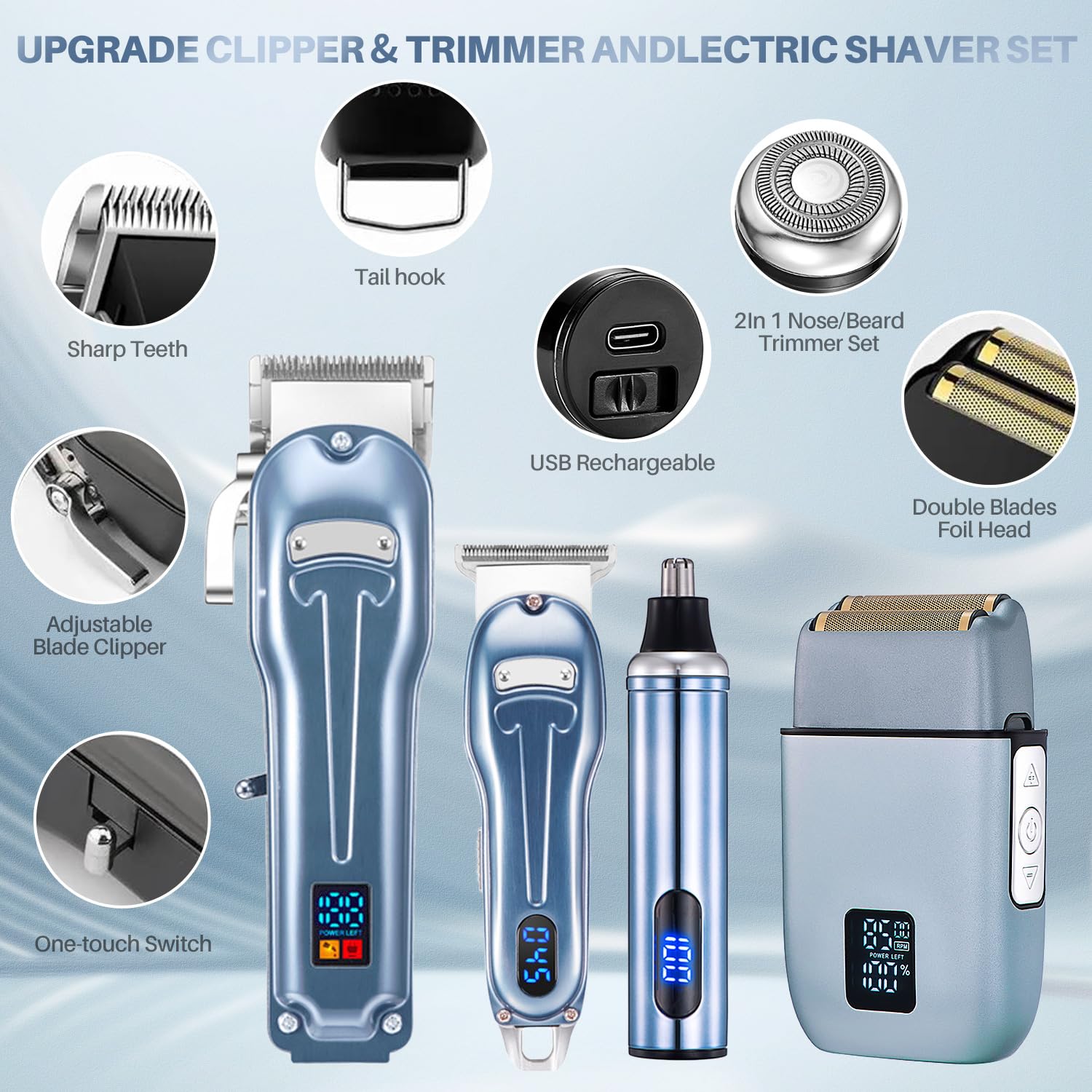 Hair Clipper für Männer Zero Gapped T-Blade Trimmer Kabellose Nasenhaarschneider Elektrischer Folienrasierer Wiederaufladbares Haarpflegeset mit LED-Anzeige (Blau)