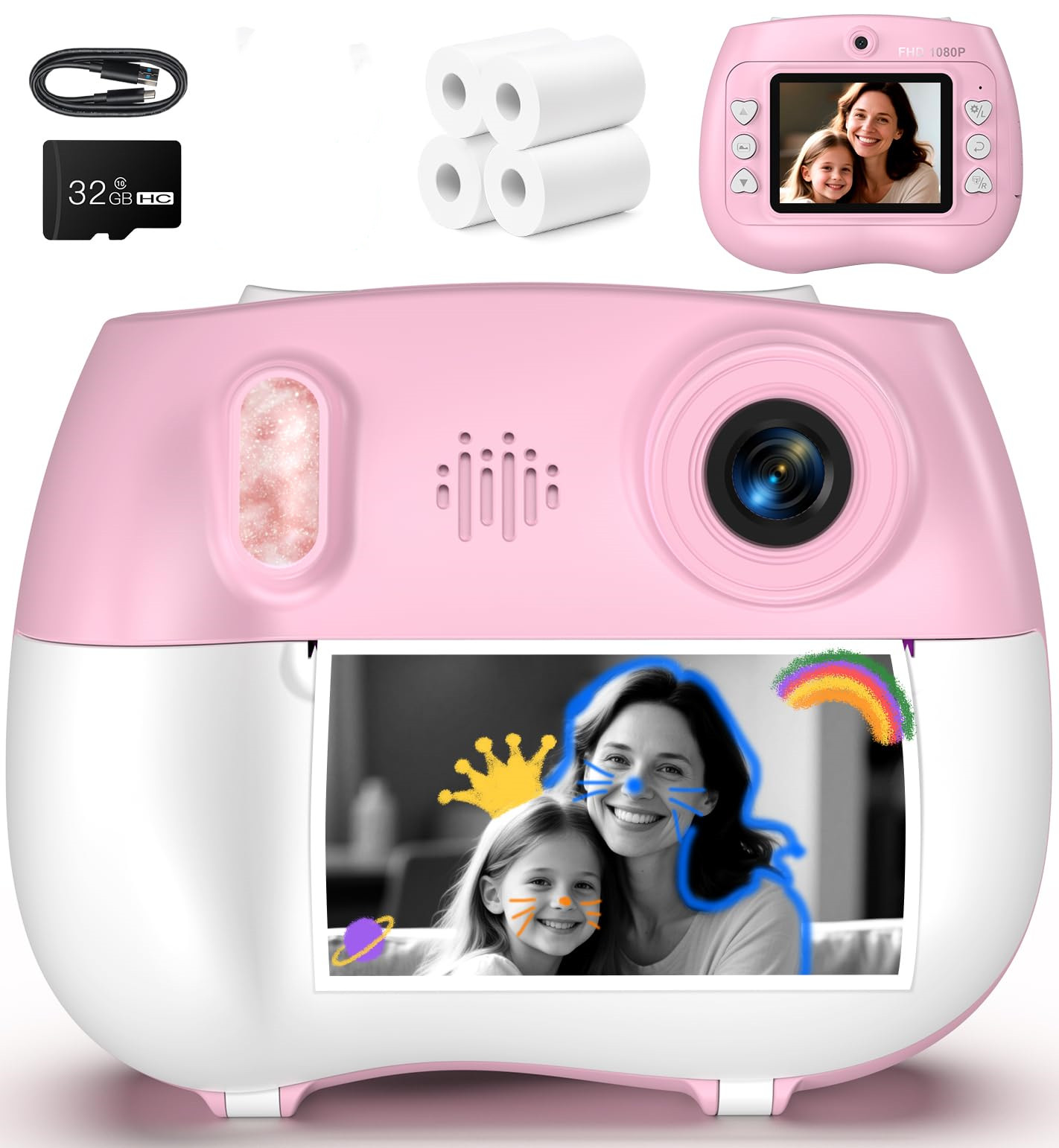 Kinderkamera Sofortbild - Front- und Rückseite Dual-Selfie-Kinderkamera, Spaß-Geburtstagsgeschenk für Mädchen Jungen im Alter von 3-12, HD-Digitalkamera - Pink