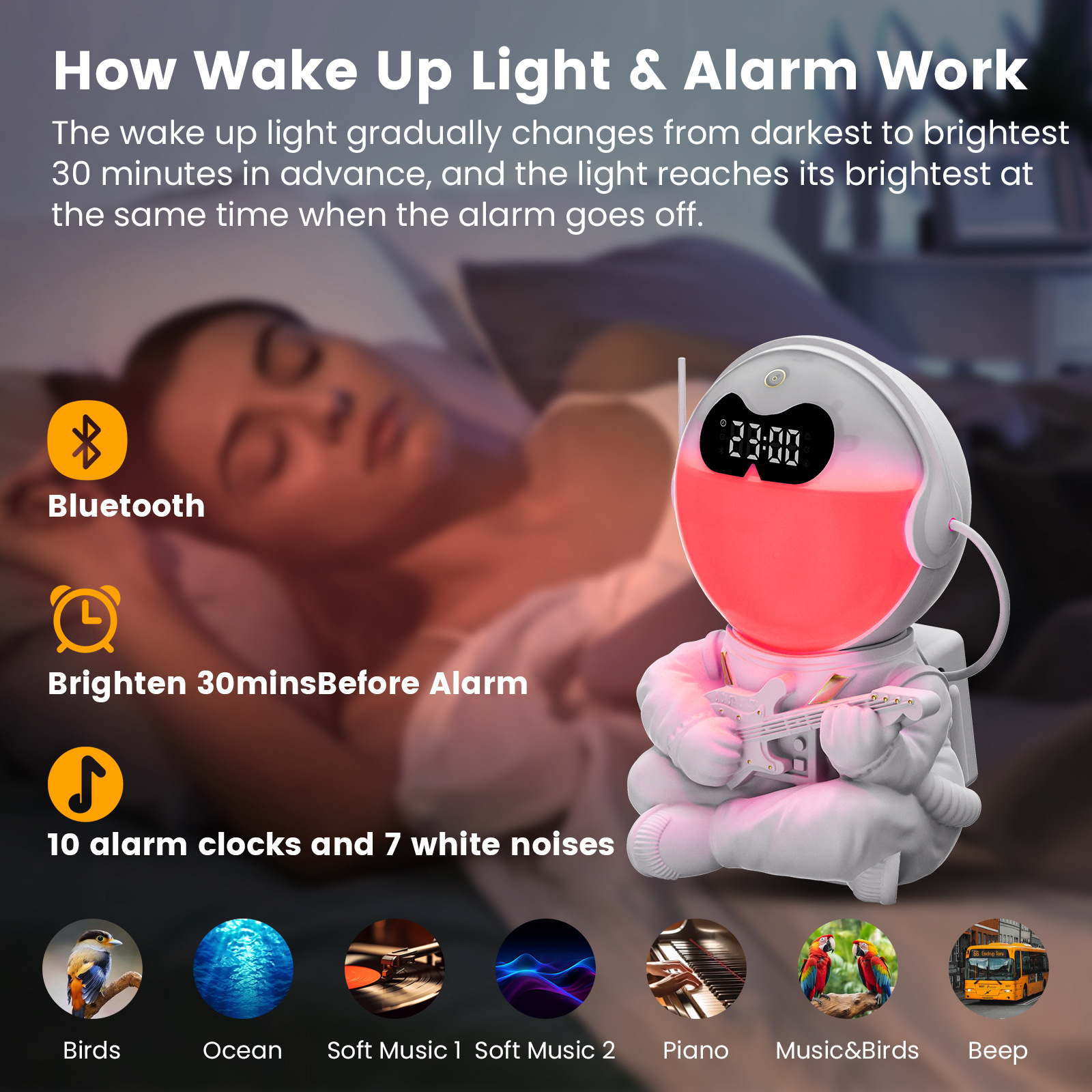 Astronaut Sunrise Wecker 7 dimmbare Licht Wecker für Teenager, Weißes Rauschen Bluetooth Lautsprecher mit 9 beruhigenden Klängen für Tiefschläfer