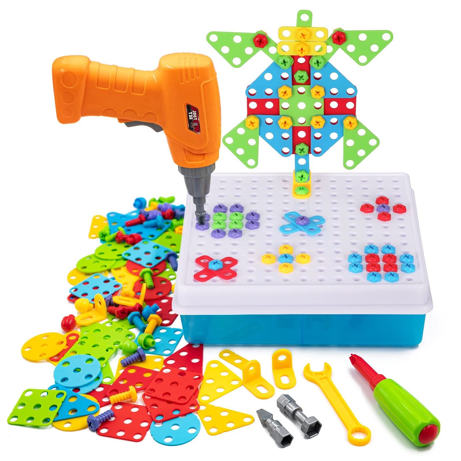 Kreatives Mosaik-Bohrset für Kinder, Kinder-Elektrobohrer und Schraubenpuzzle-Set für Mädchen und Jungen STEM-Bauspielzeug, Bohrspielzeug für 3-8 Jahre