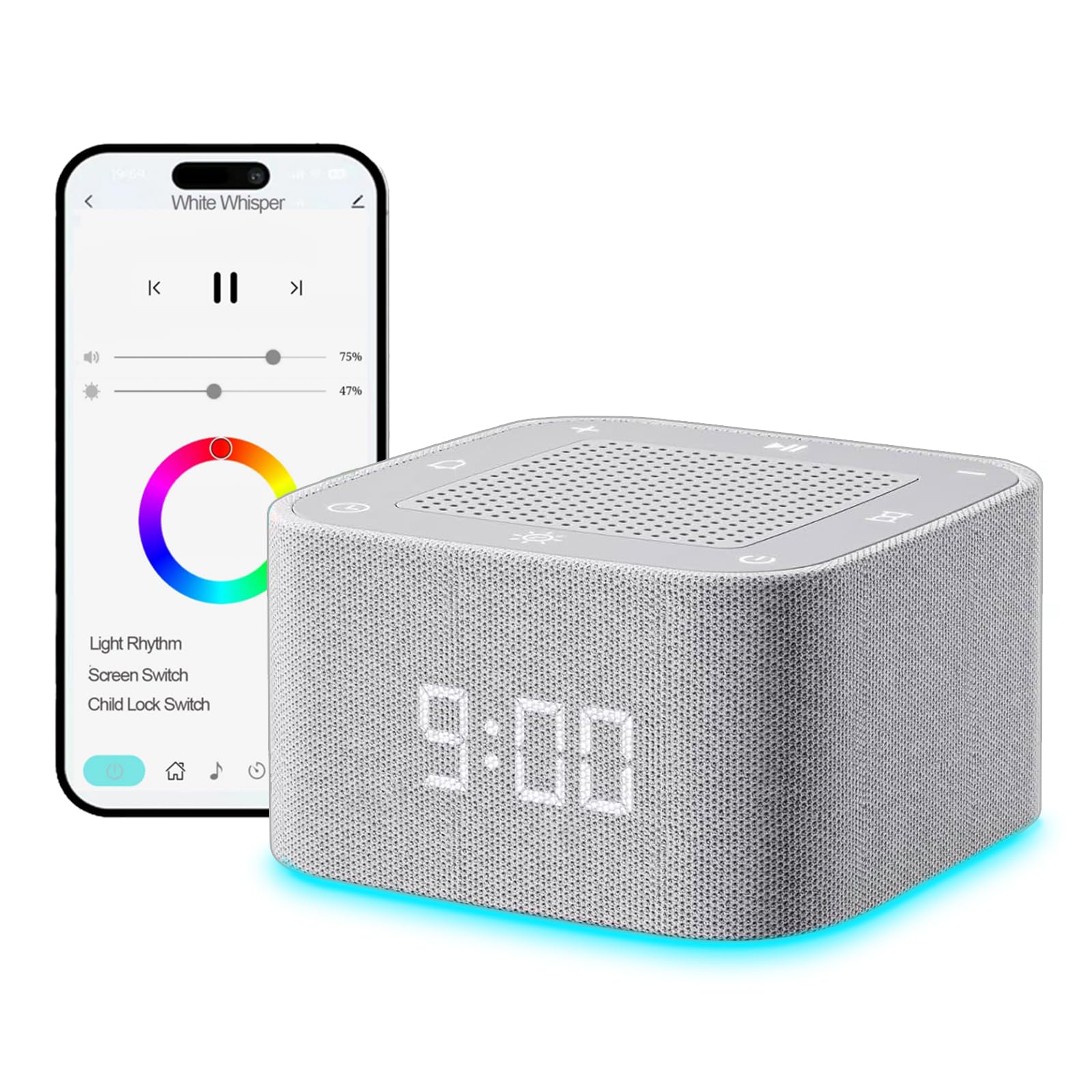 Sound Machine Alarm Clock 32 Beruhigende Klänge White Noise Machine, Nachtlichter Bluetooth Speaker, APP-Steuerung mit Dimmbarer Uhr für Kinder Jugendliche