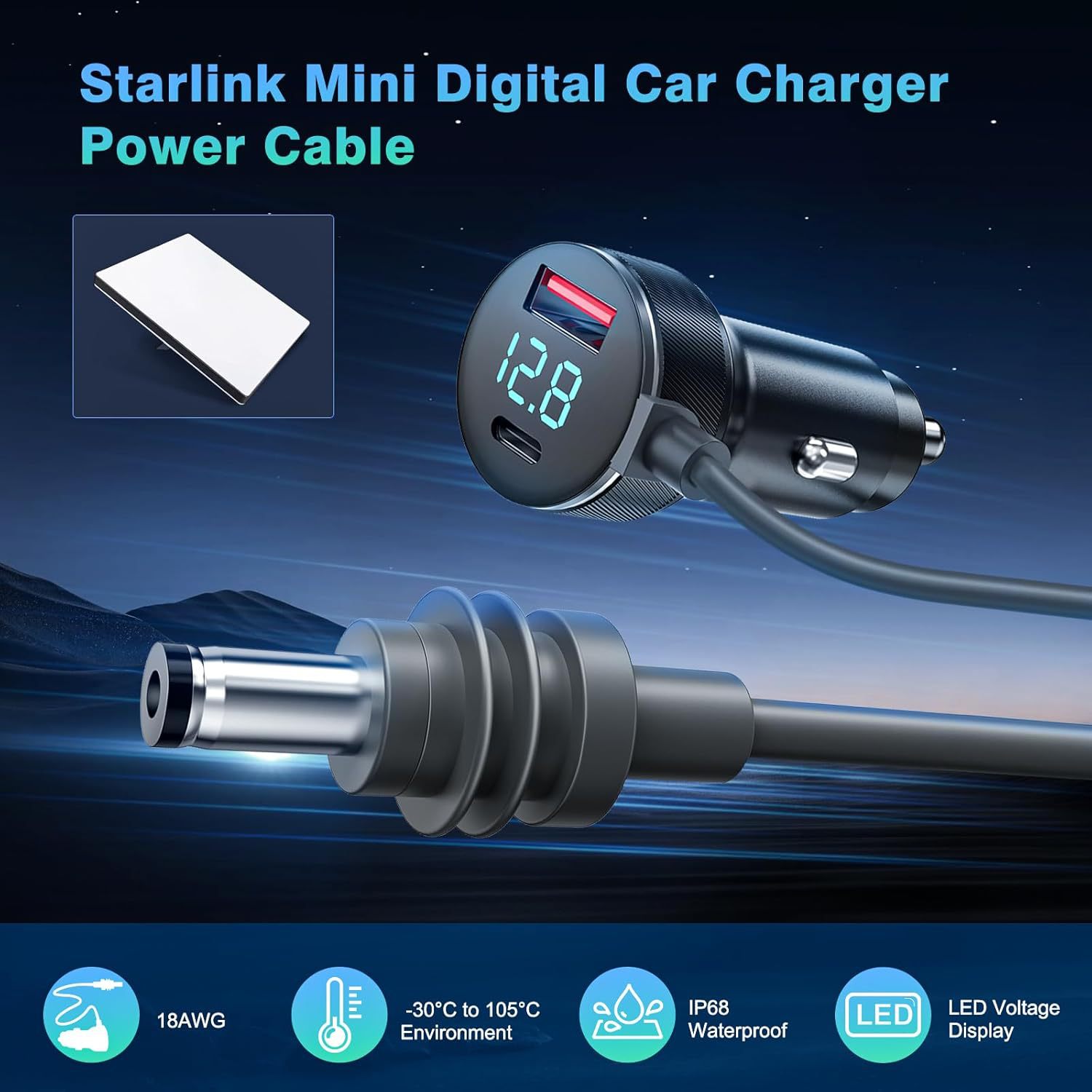 Starlink Mini Kabel, 3 in 1 Starlink Mini Auto Ladegerät DC Stromkabel + Zigarettenanzünder Adapter 12V-48V, Langlebige USB C PD 40W und USB A 35W Anschlüsse (3M)