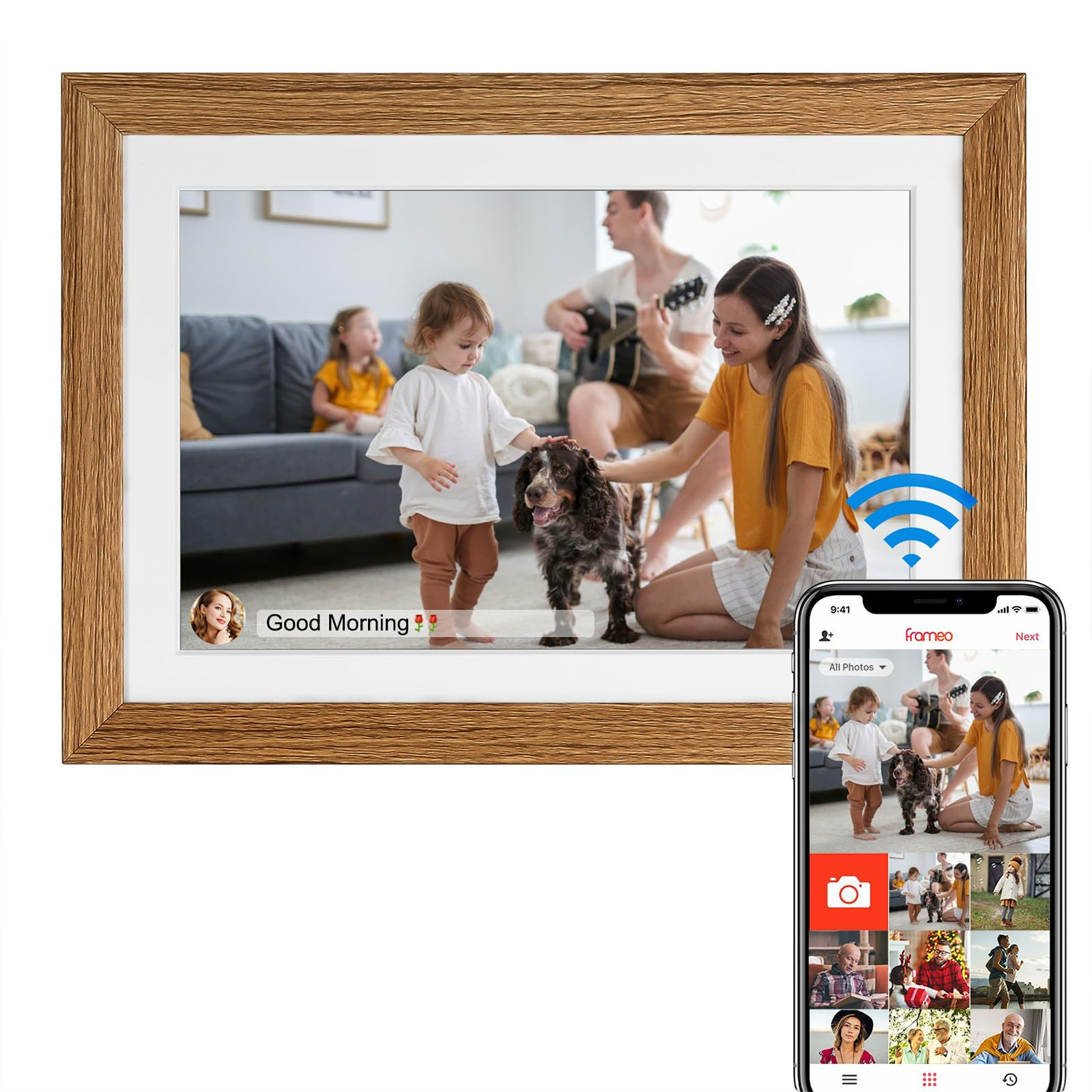 10,1 Zoll Smart WiFi Digitaler Bilderrahmen 1280x800 IPS LCD Touchscreen, automatische Drehung Hochformat und Querformat, eingebauter 16GB Speicher, Augenblicke sofort überall teilen (Holz)