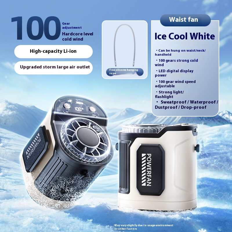 White 100 Speed USB Wiederaufladbarer Taillenventilator Tragbare Outdoor-Kühlung LED-Anzeige Wasserdicht Staubdicht Sturzsicher Für Hals Handheld Gebrauch
