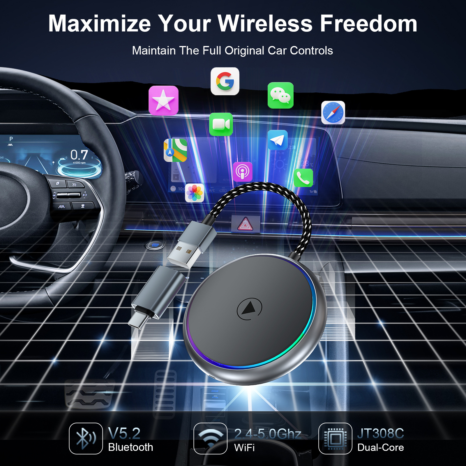 2 in 1 Wireless CarPlay Android Auto Adapter, wandelt kabelgebundene in kabellose Verbindung um für Plug & Play CarPlay für iPhones 8 oder neuer (iOs 10+) mit Type-C.