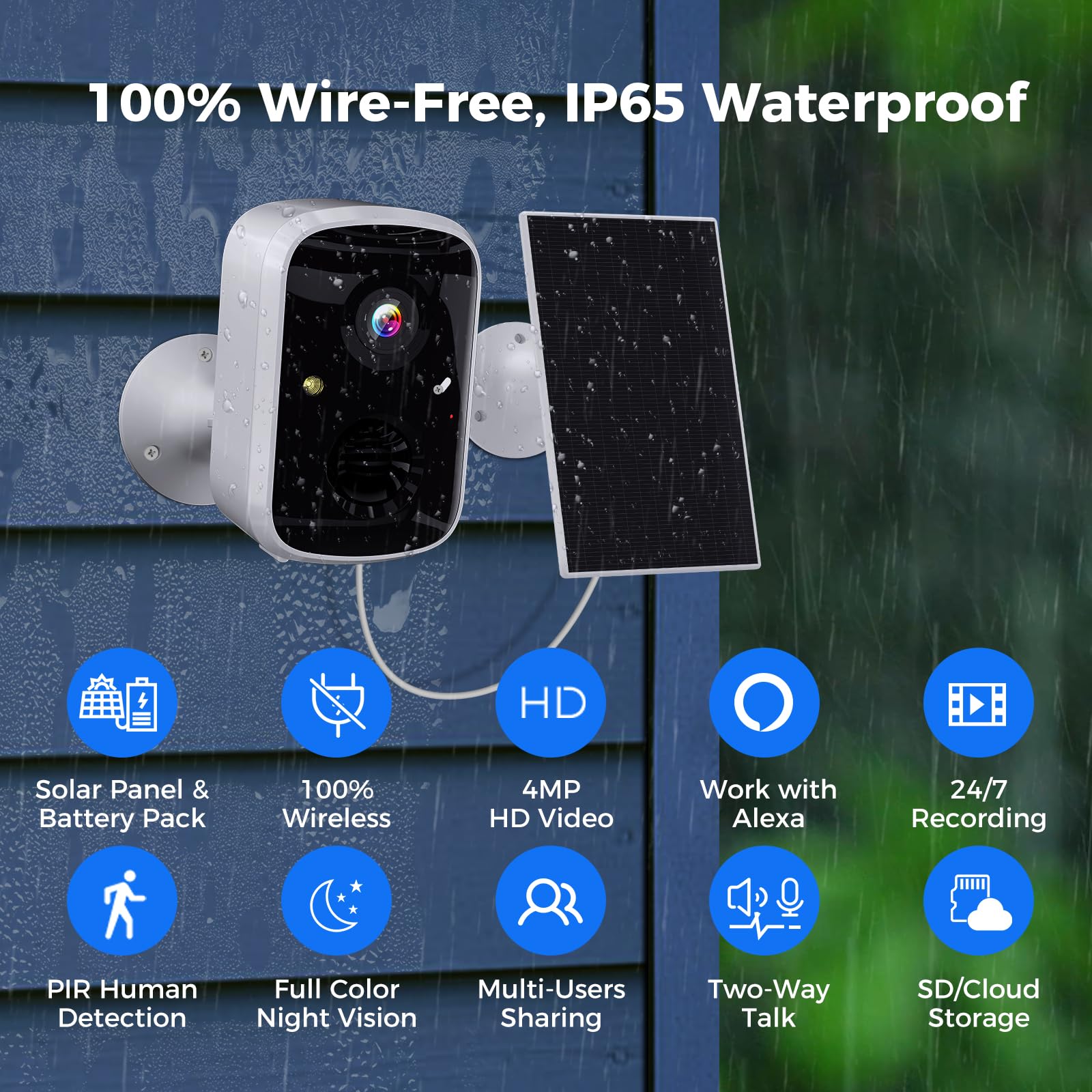 Solarbetriebene Sicherheitskameras Kabellos im Freien, Batteriebetriebene 3K 4MP Überwachungskameras Innen WiFi Smart Kameras, Bewegungserkennung, 2-Wege-Audio (1Pack)