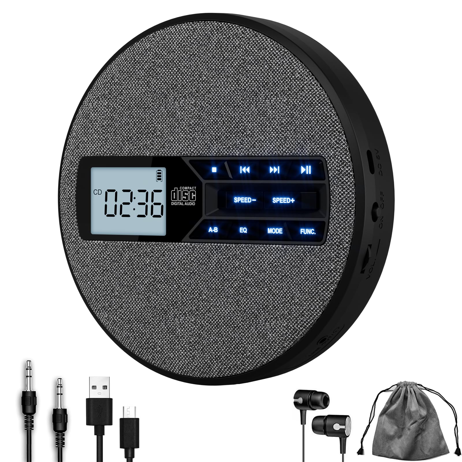 Wiederaufladbarer tragbarer CD-Player mit Dual-Lautsprechern und Anti-Skip, CD, USB, AUX, LCD-Display, Hintergrundbeleuchtungsknopf, A-B-Wiederholung für Home Car Fabric