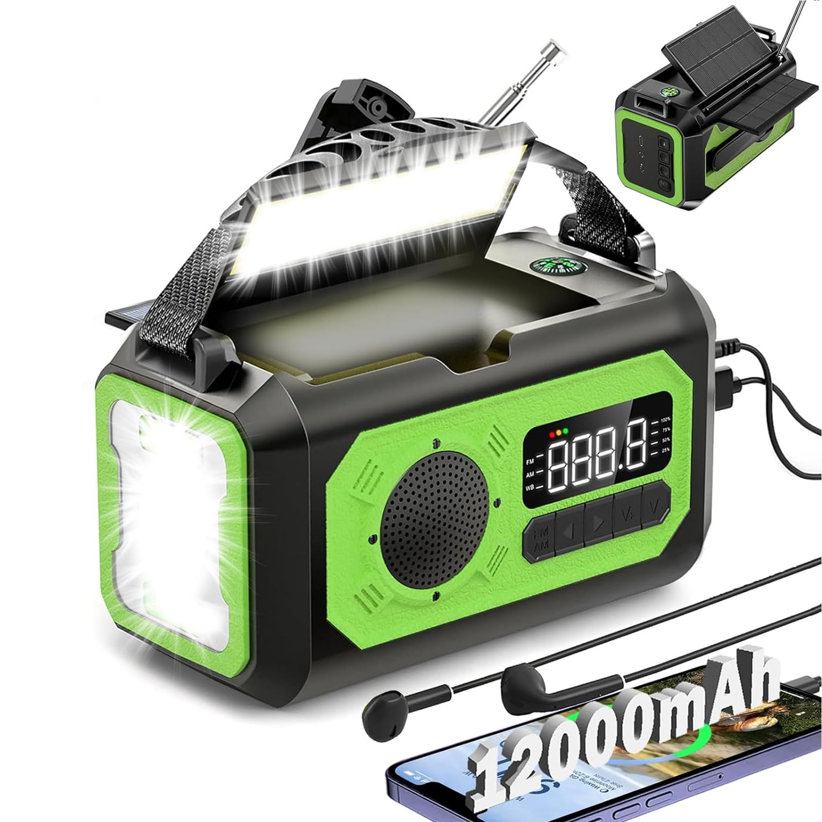 12000mAh Notfall-Handkurbel tragbares Solar-Radio AM FM NOAA Wetter-Radio mit 2 Solarpanels, SOS-Alarm, Taschenlampe, Handy-Ladegerät, Kompass, Grün