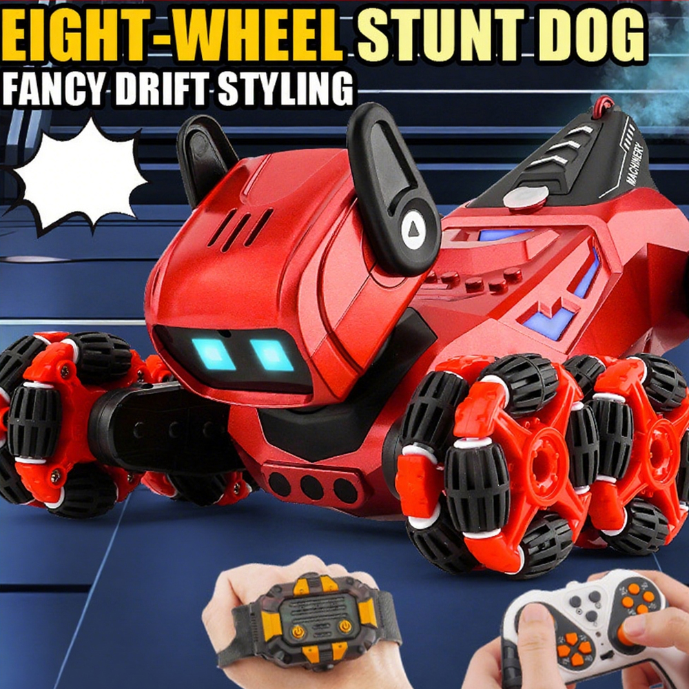 Ferngesteuerte Roboter-Hunde-Spielzeuge für Jungen und Mädchen, Wiederaufladbarer Stunt-RC-Hund mit Musik-Spray, Mehrfache Haltungen und LED-Augen (Rot)