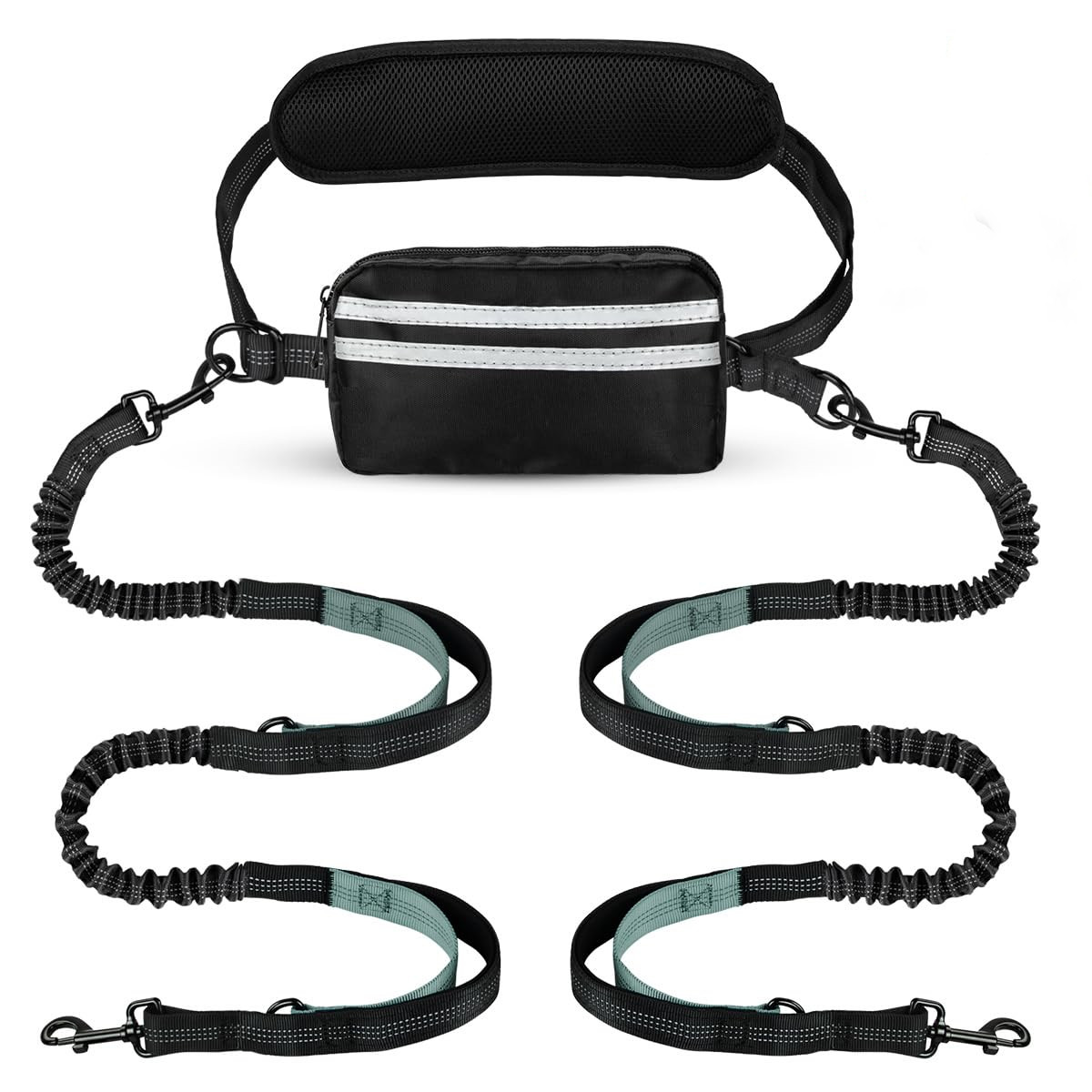 Hands Free Hundeleine mit Tasche, Doppel-Leine für zwei Hunde, einziehbarer Bungee mit doppelt gepolsterten Griffen für Hundespaziergänge Laufleine für Hunde, Grün