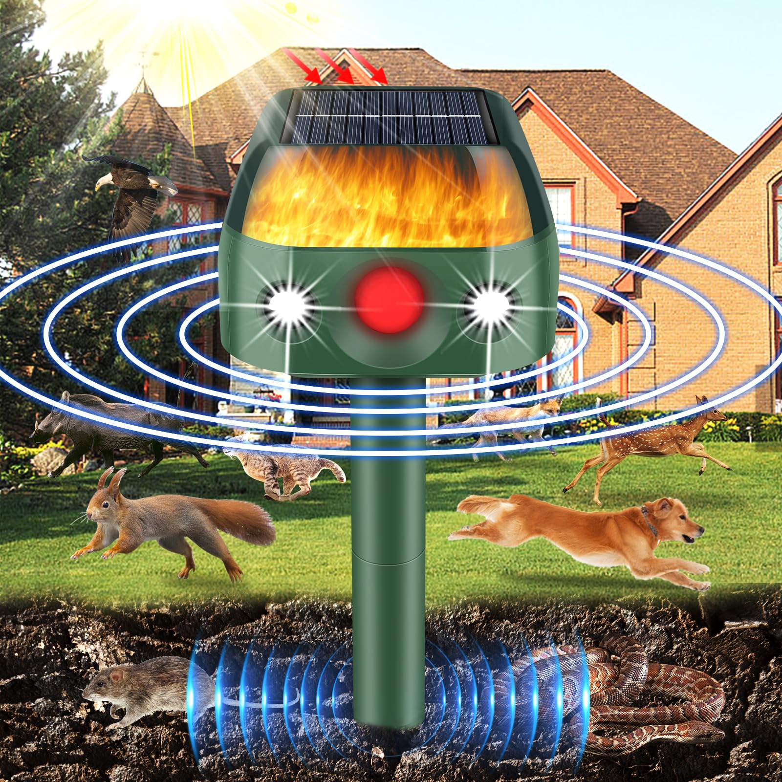 Ultraschall-Tierabwehr, 360-Grad-Katzenabwehr Outdoor, Solar-Tierabwehr Flammenlicht Hirschabwehr mit Bewegungssensor für den Garten