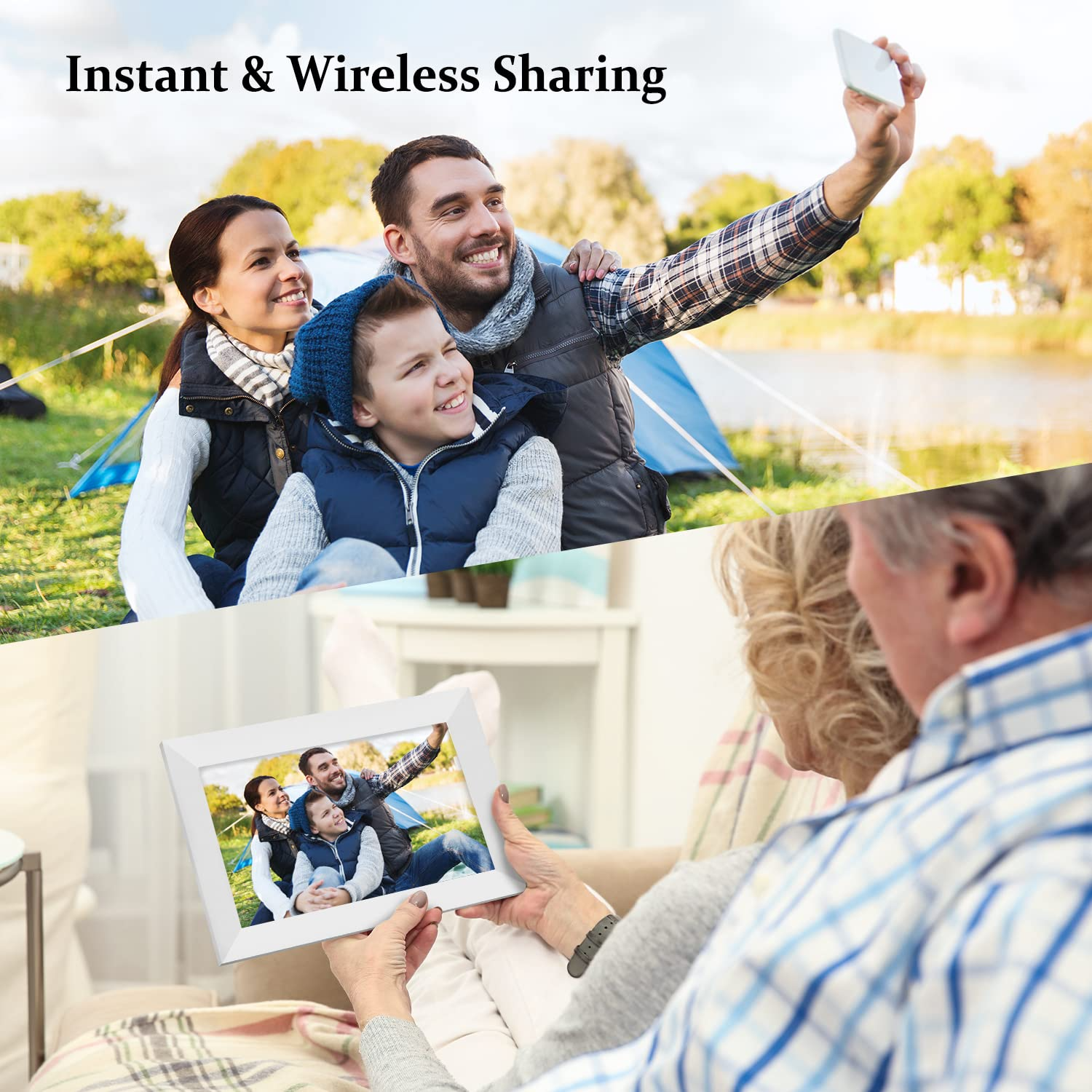 10,1 Zoll WiFi Digitaler Bilderrahmen, IPS Touch Screen Smart Cloud-Fotorahmen mit 32GB Speicher, Auto-Rotate, Wandmontierbar (Weiß)