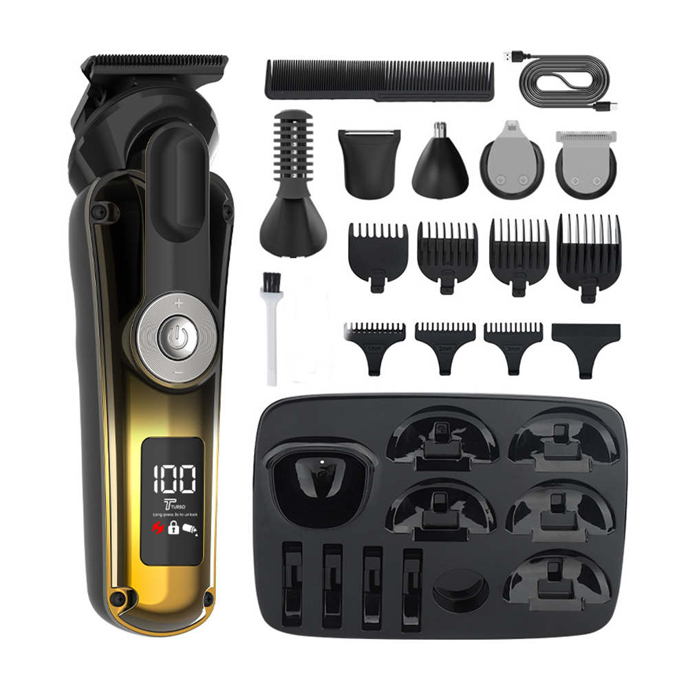 Bartschneider für Männer, IPX6 Wasserdichte Haarschneider Set, 6 in 1 Herrenpflege-Kit, Kabelloser Elektrorasierer mit LED-Display (Gold)