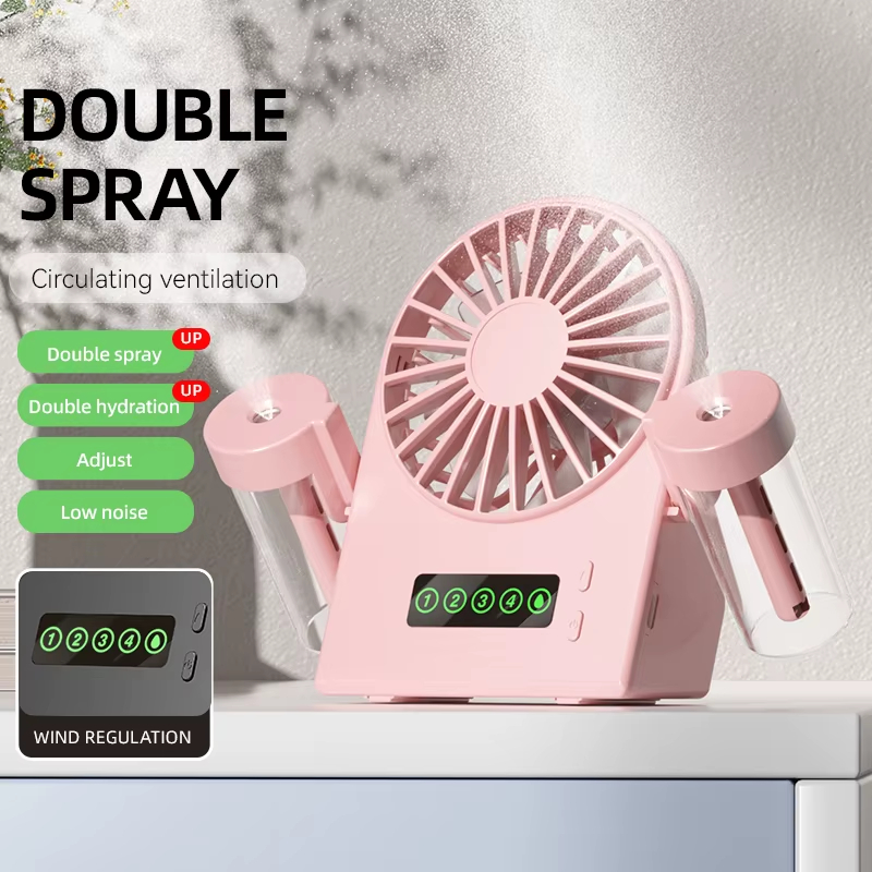 Dual Spray Desktop Fan 2 In 1 Usb Tragbarer Digitaler Display Wassernachfüllungs-Sprühventilator 1200Mah Vierstufiger Wind Farbe Pink