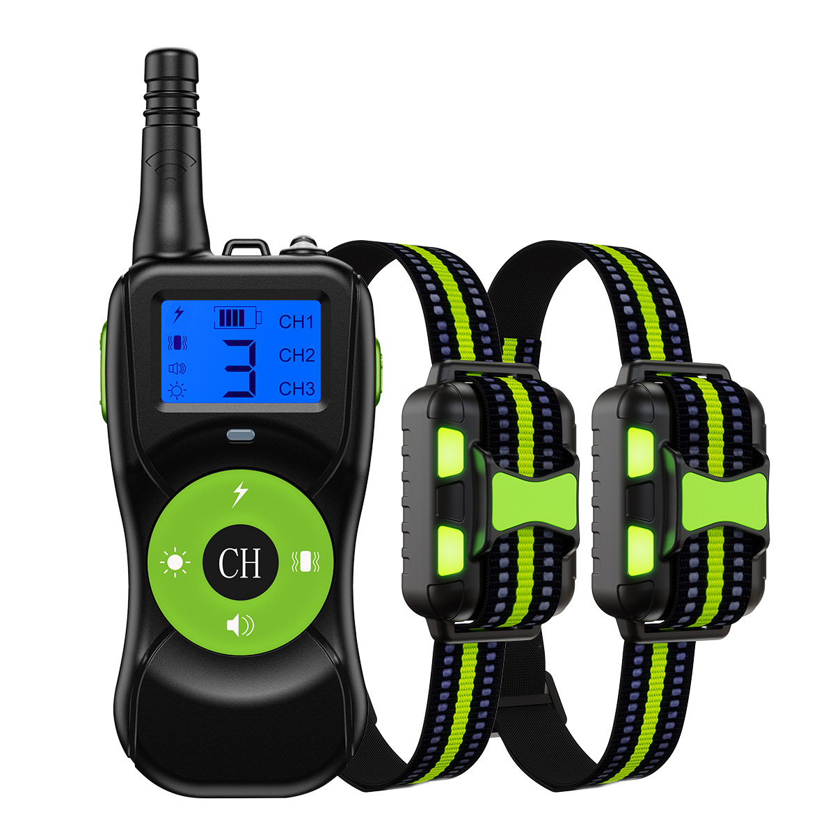 Hundetraining Halsband mit Fernbedienung, 4 Trainingsmodi Piepton, Vibration, Sicherer Schock, LED-Licht, Wiederaufladbar IPX7 Wasserdicht für 2 Hunde, Grün