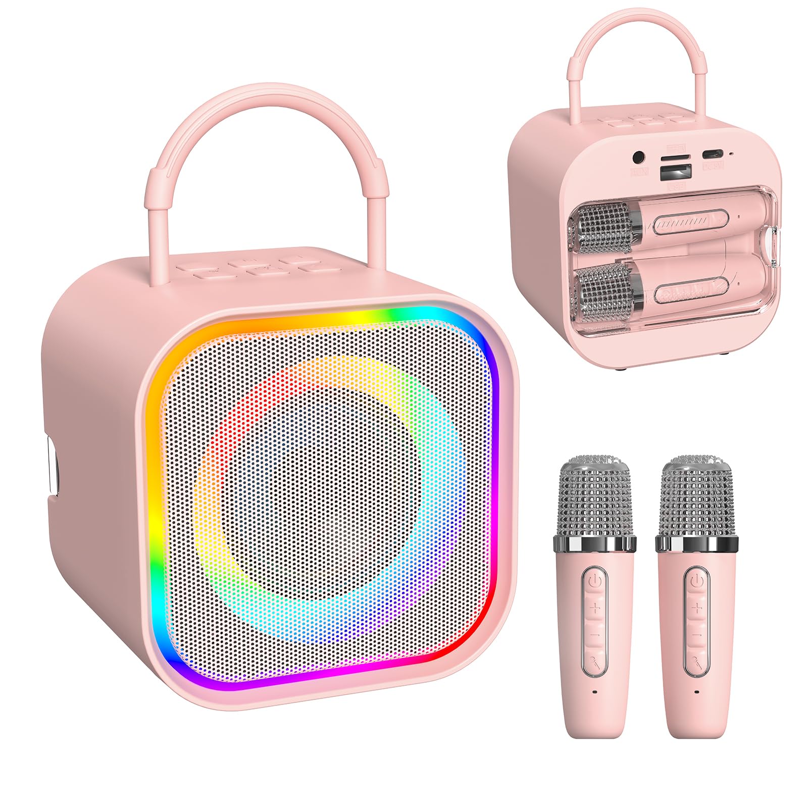 Mini Karaoke Maschine tragbarer Bluetooth Lautsprecher mit 2 kabellosen Mikrofonen Eingebaute Speicherung, Spaßige Stimmeffekte, Dynamische LED-Leuchten, Geburtstagsgeschenke (Pink)